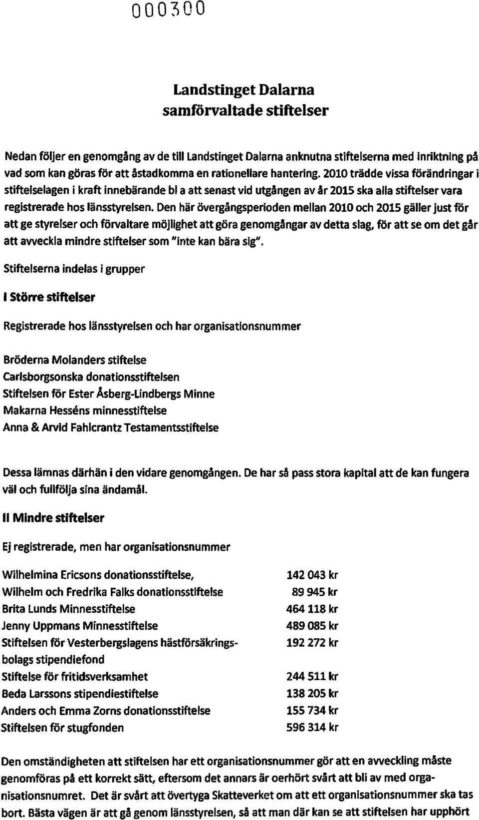 Den här övergångsperioden mellan 2010 och 2015 gäller just för att ge styrelser och förvaltare möjlighet att göra genomgångar av detta slag, för att se om det går att aweckla mindre stiftelser som