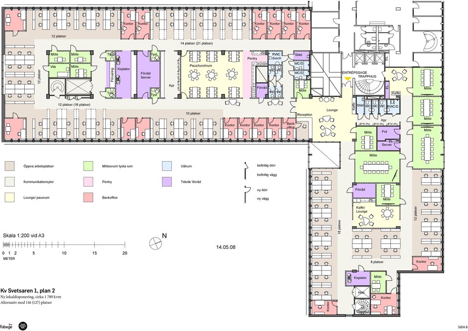 rum Våtrum befintlig dörr befintlig vägg Kommunikationsytor Lounge/ pausrum Pentry Backoffice 28 platser Teknik/ förråd ny dörr ny vägg Förråd Kaffe/ Lounge 12 platser Skala SKALA 1:200