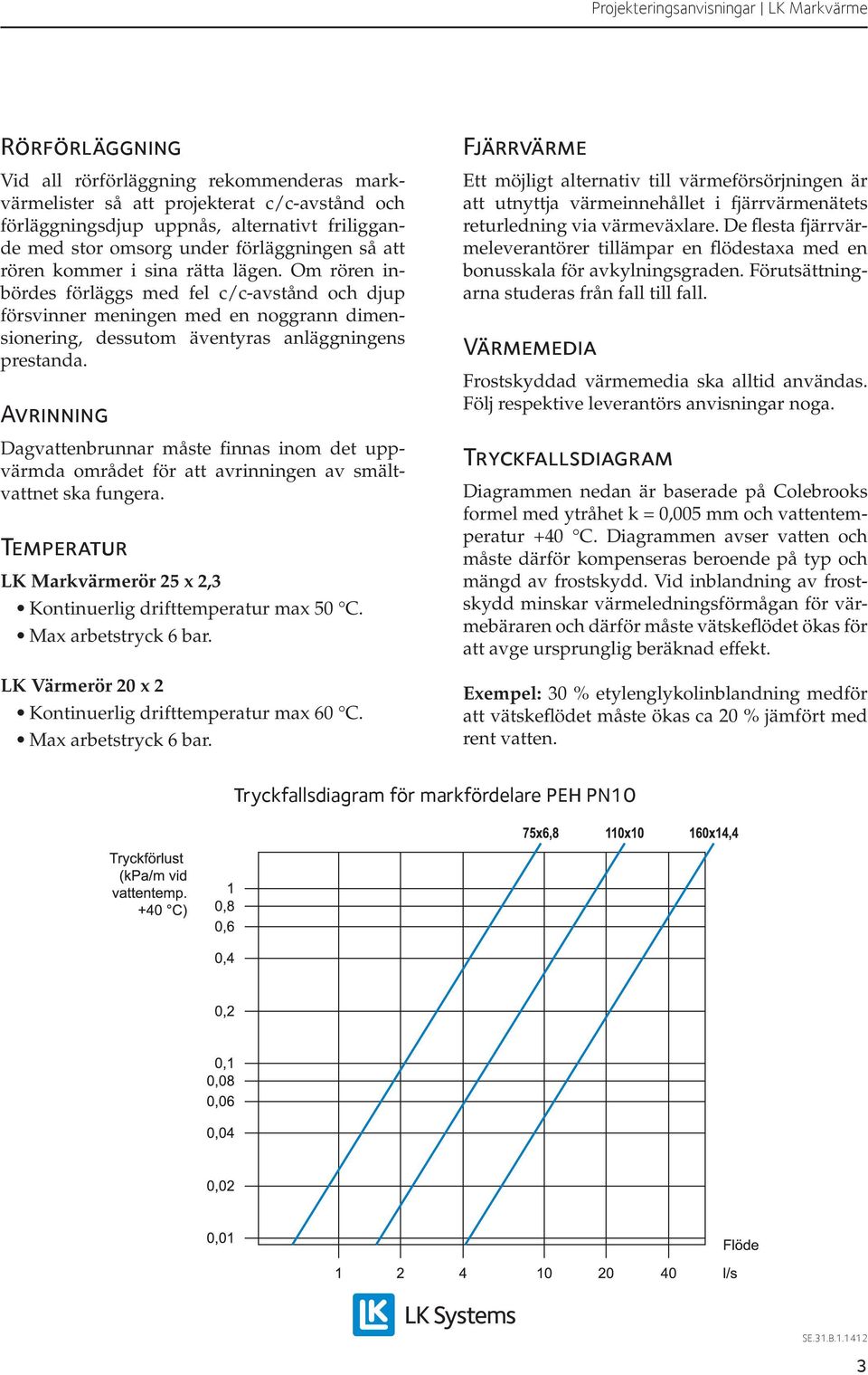 Avrinning Dagvattenbrunnar måste finnas inom det uppvärmda området för att avrinningen av smältvattnet ska fungera. Temperatur LK Markvärmerör 25 x 2,3 Kontinuerlig drifttemperatur max 50 C.