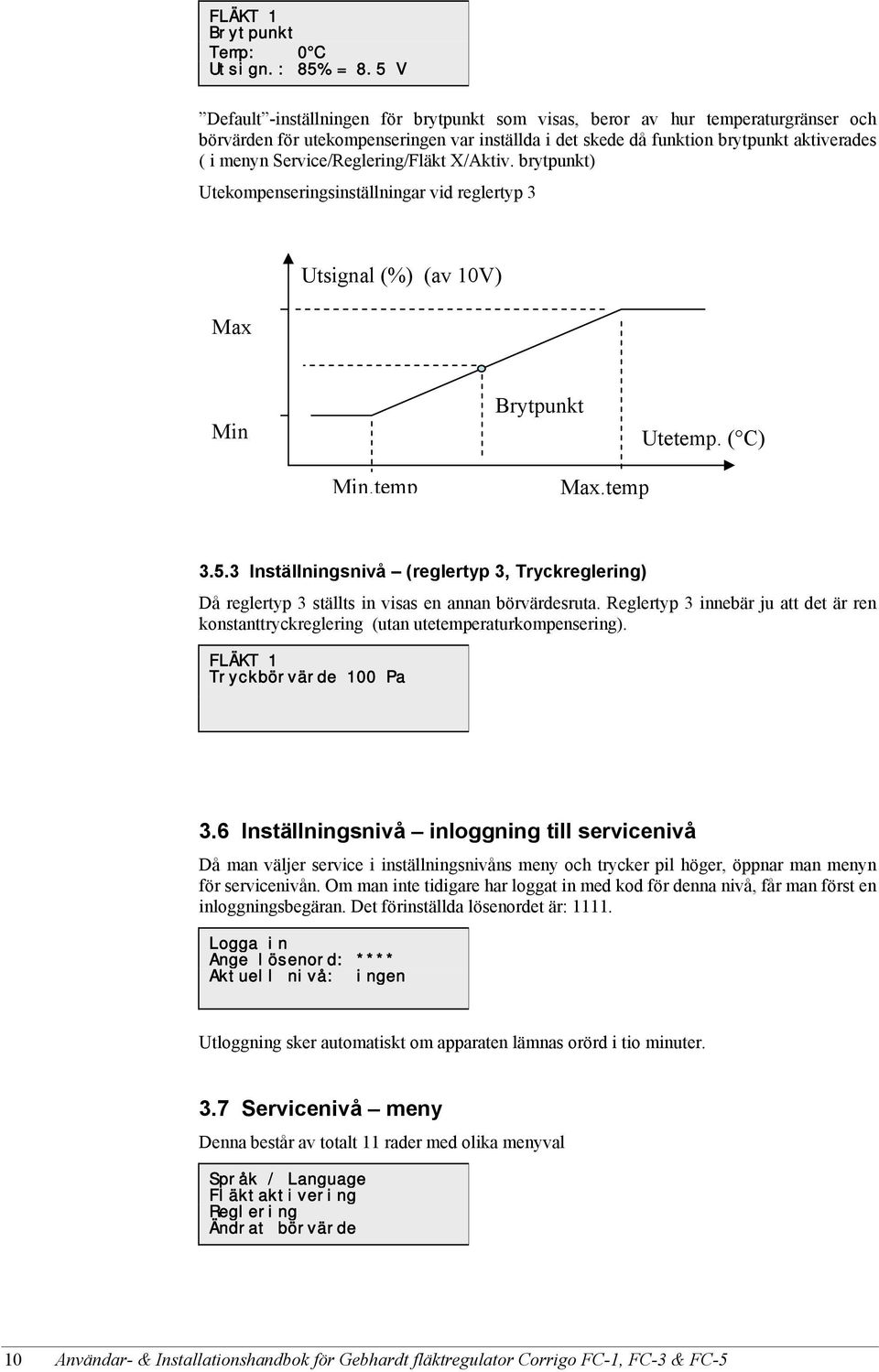 Service/Reglering/Fläkt X/Aktiv. brytpunkt) Utekompenseringsinställningar vid reglertyp 3 Max Utsignal (%) (av 10V) Min Brytpunkt Utetemp. ( C) Min.temp Max.temp 3.5.
