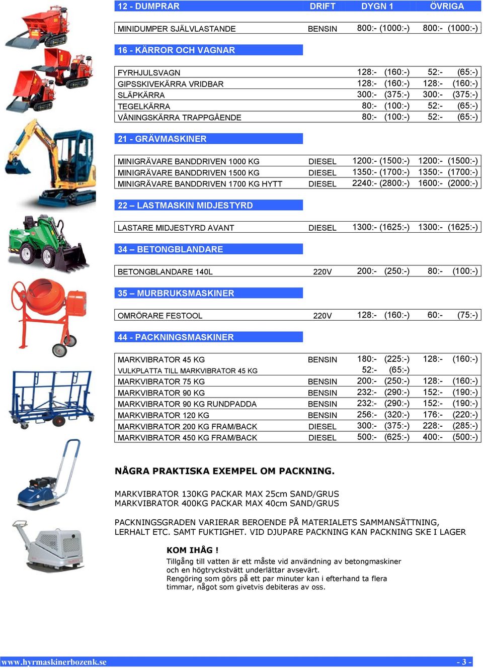 (1500:-) 1200:- (1500:-) MINIGRÄVARE BANDDRIVEN 1500 KG DIESEL 1350:- (1700:-) 1350:- (1700:-) MINIGRÄVARE BANDDRIVEN 1700 KG HYTT DIESEL 2240:- (2800:-) 1600:- (2000:-) 22 LASTMASKIN MIDJESTYRD