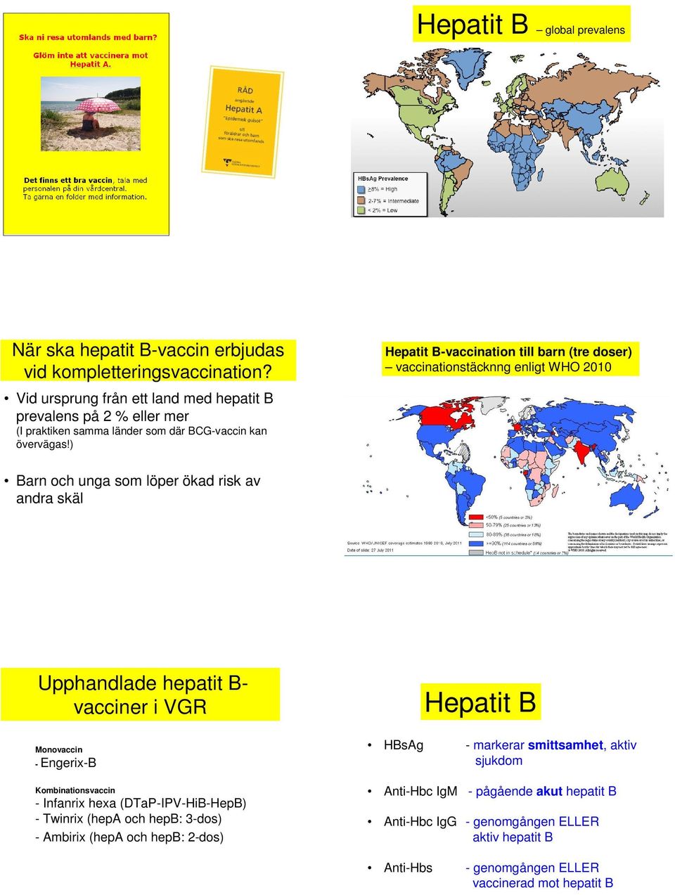 ) Hepatit B-vaccination till barn (tre doser) vaccinationstäcknng enligt WHO 2010 Barn och unga som löper ökad risk av andra skäl Upphandlade hepatit B- vacciner i VGR Monovaccin -