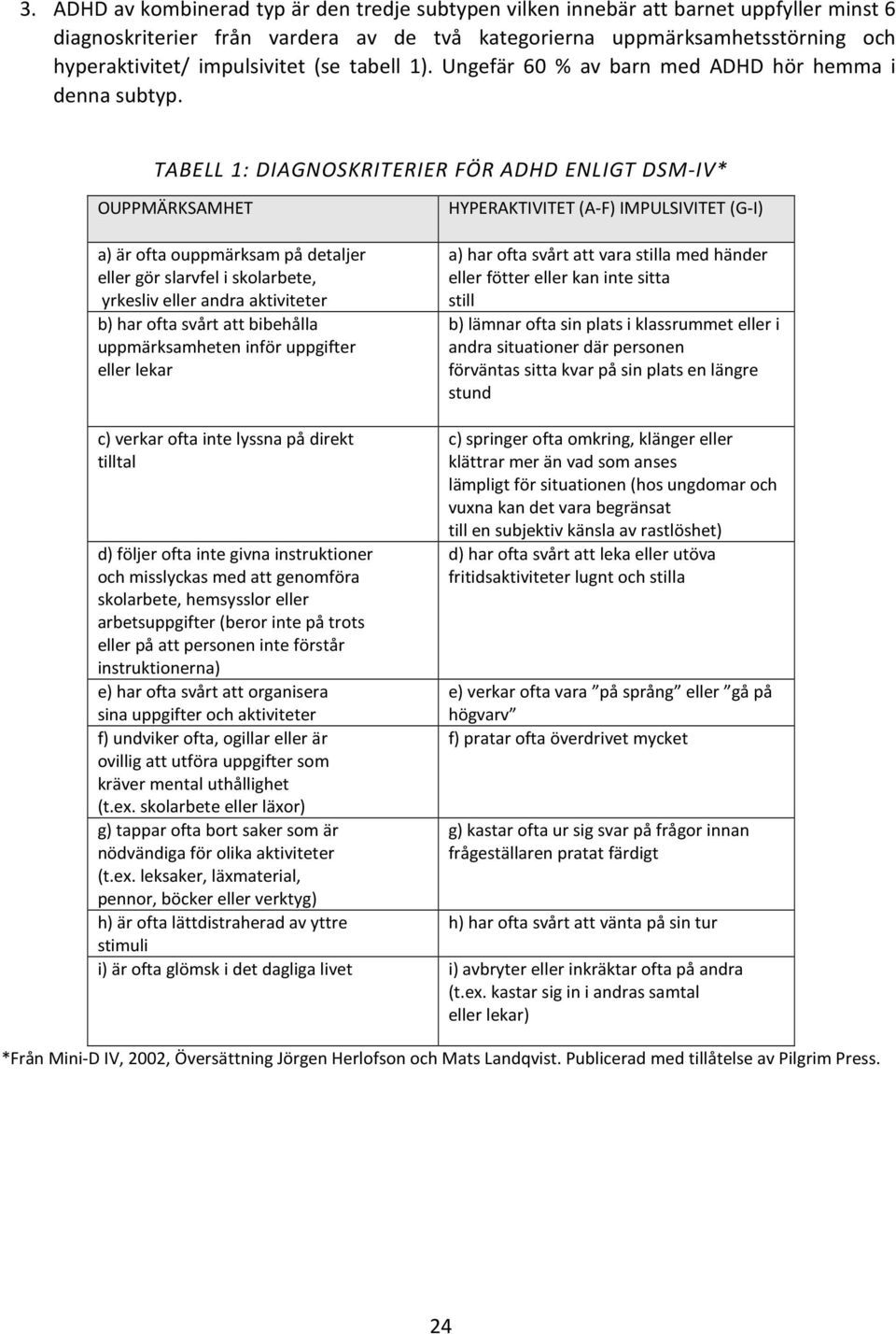 TABELL 1: DIAGNOSKRITERIER FÖR ADHD ENLIGT DSM-IV* OUPPMÄRKSAMHET a) är ofta ouppmärksam på detaljer eller gör slarvfel i skolarbete, yrkesliv eller andra aktiviteter b) har ofta svårt att bibehålla