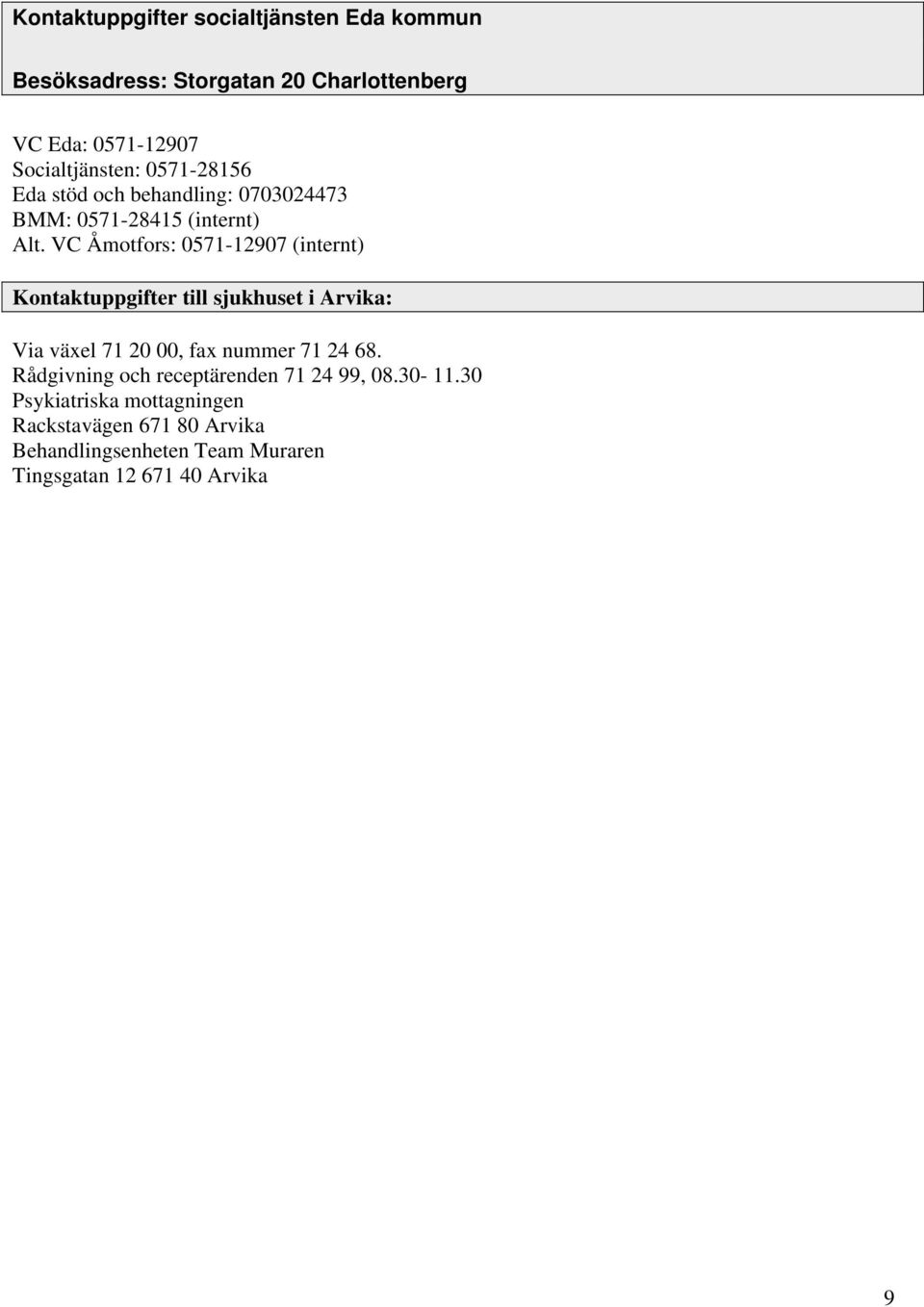 VC Åmotfors: 0571-12907 (internt) Kontaktuppgifter till sjukhuset i Arvika: Via växel 71 20 00, fax nummer 71 24 68.