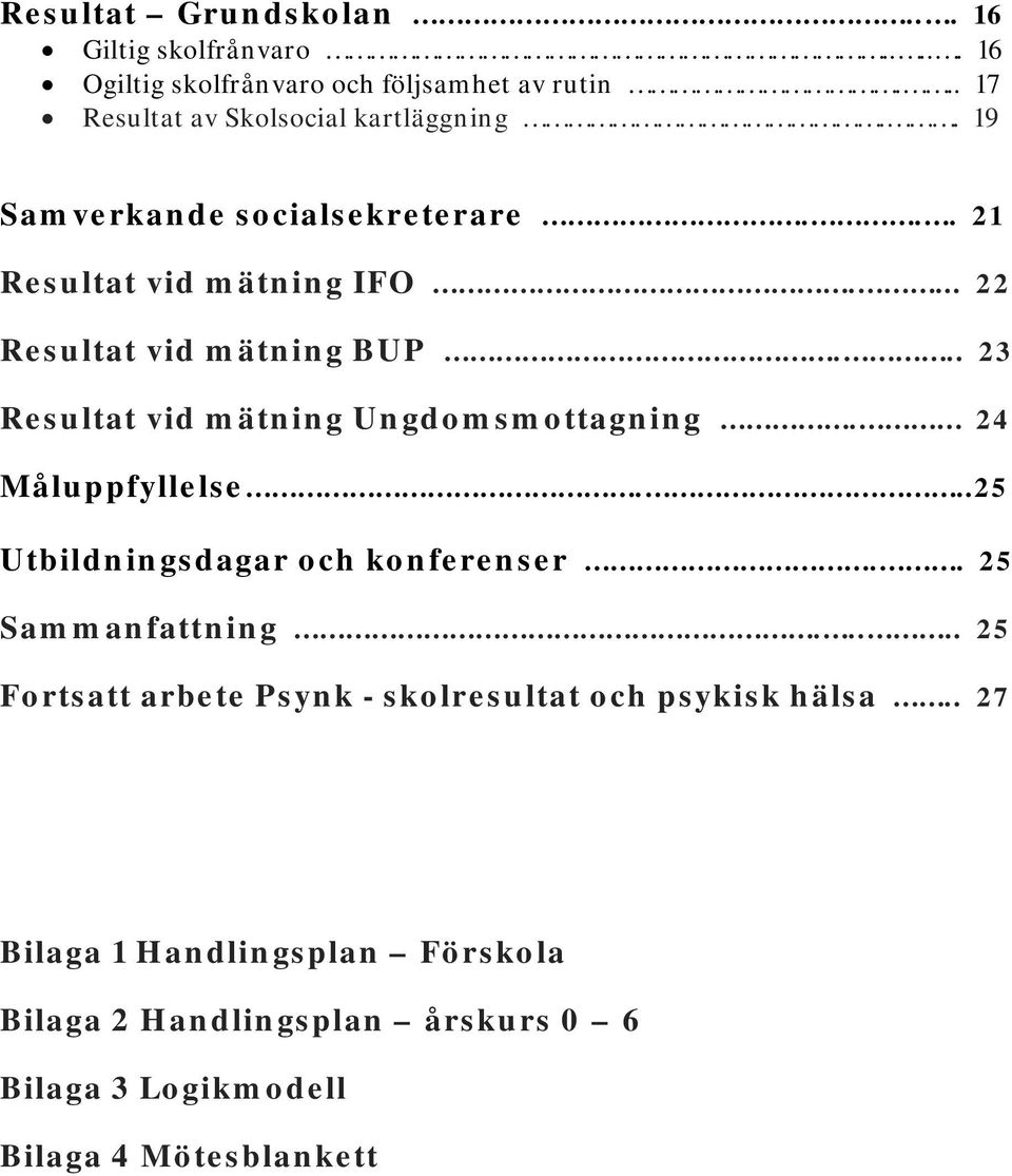 ... 22 Resultat vid mätning BUP... 23 Resultat vid mätning Ungdomsmottagning. 24 Måluppfyllelse...25 Utbildningsdagar och konferenser.