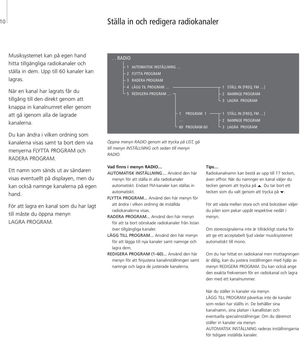 Du kan ändra i vilken ordning som kanalerna visas samt ta bort dem via menyerna FLYTTA PROGRAM och RADERA PROGRAM.