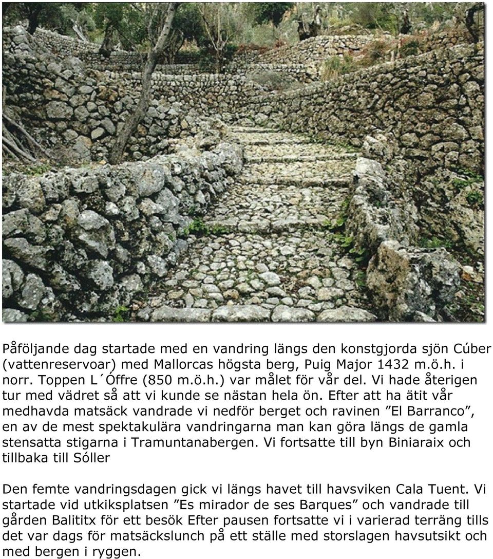 Efter att ha ätit vår medhavda matsäck vandrade vi nedför berget och ravinen El Barranco, en av de mest spektakulära vandringarna man kan göra längs de gamla stensatta stigarna i Tramuntanabergen.