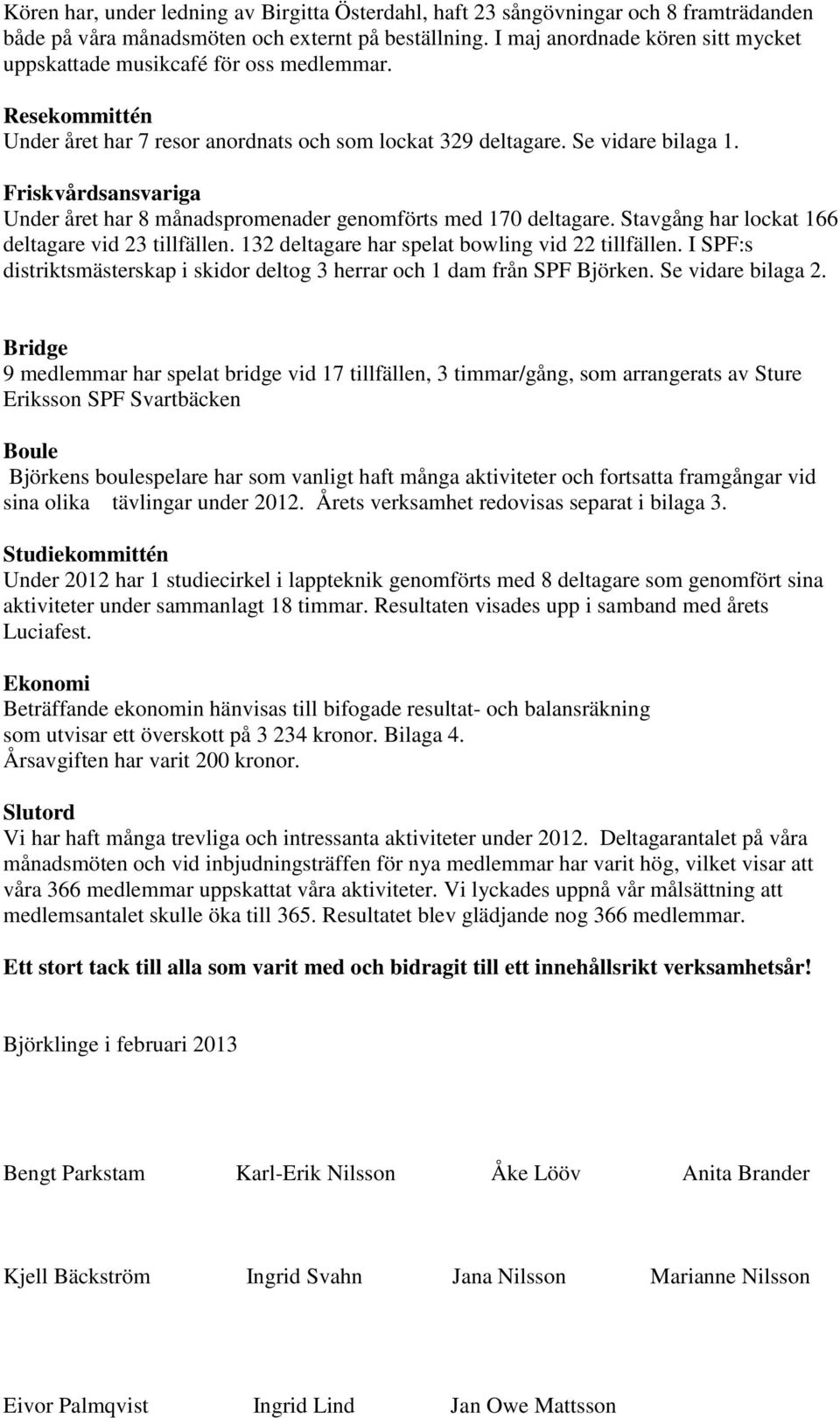 Friskvårdsansvariga Under året har 8 månadspromenader genomförts med 170 deltagare. Stavgång har lockat 166 deltagare vid 23 tillfällen. 132 deltagare har spelat bowling vid 22 tillfällen.