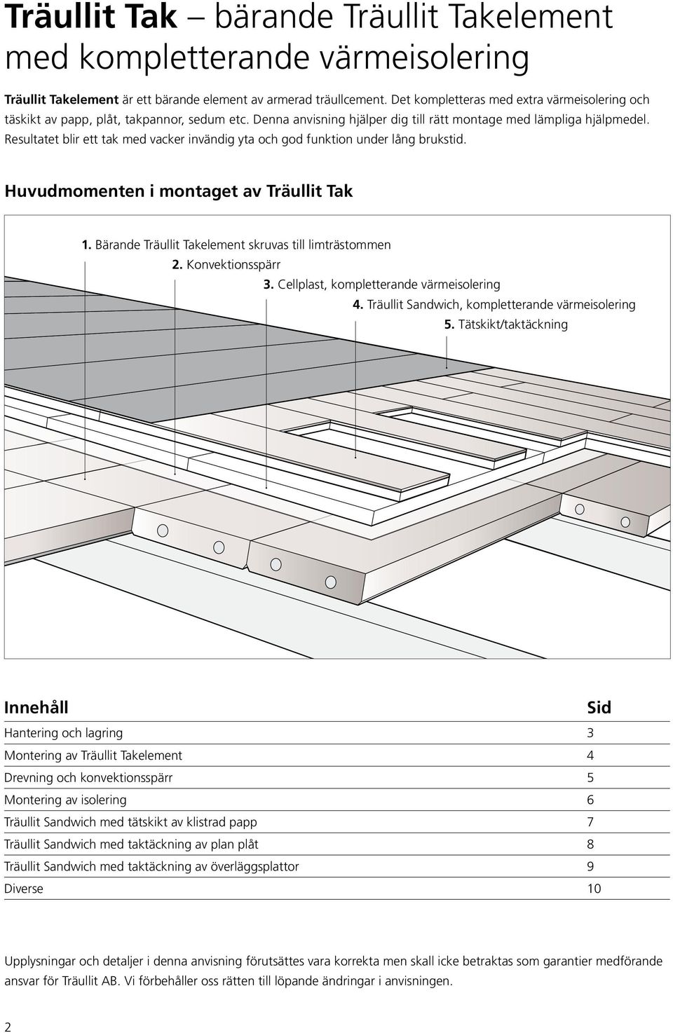 Huvudmomenten i montaget av Träullit Tak 1 Bärande Träullit Takelement skruvas till limträstommen 2 Konvektionsspärr 3 Cellplast, kompletterande värmeisolering 4 Träullit Sandwich, kompletterande