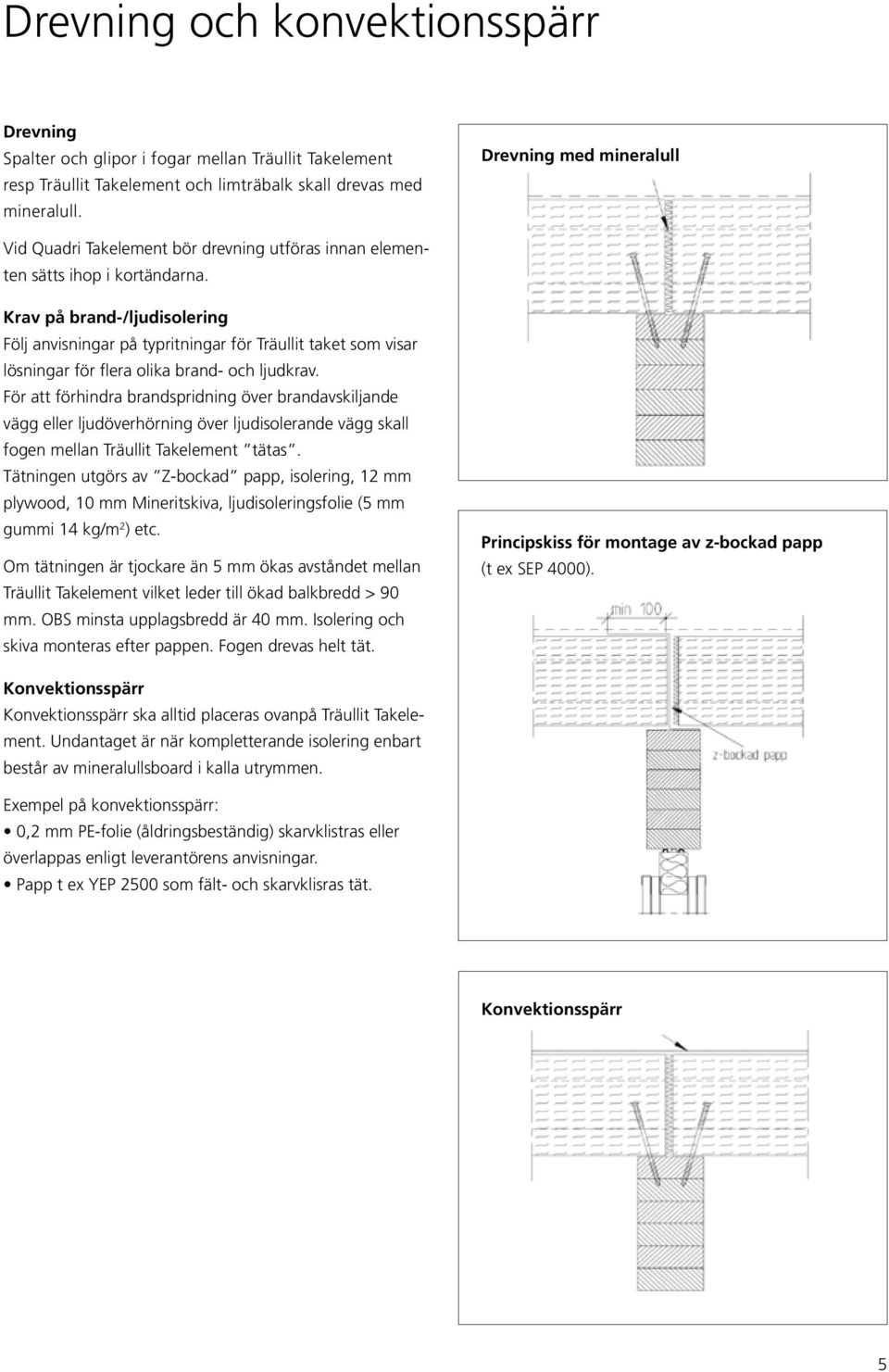 och ljudkrav För att förhindra brandspridning över brandavskiljande vägg eller ljudöverhörning över ljudisolerande vägg skall fogen mellan Träullit Takelement tätas Tätningen utgörs av Z-bockad papp,