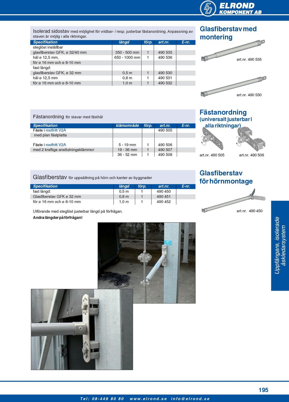 mm 0,8 m 1 490 531 för ø 16 mm och ø 8-10 mm 1,0 m 1 490 532 Glasfiberstav med montering art.nr. 490 535 art.nr. 490 530 Fästanordning för stavar med fästhål Specifikation klämområde förp. art.nr. E-nr.