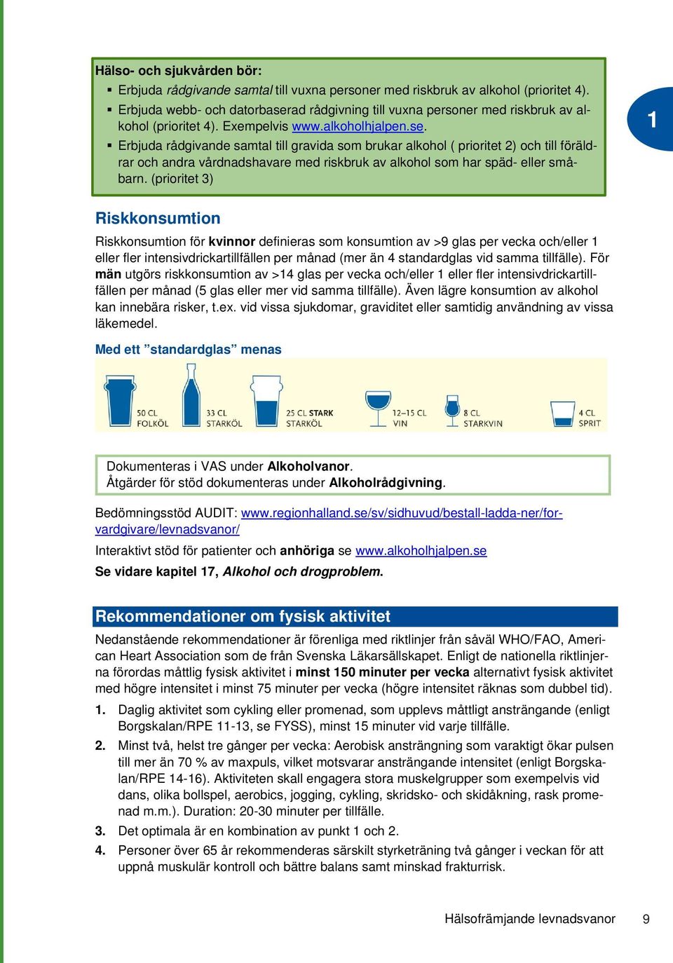 (prioritet 3) 1 Riskkonsumtion Riskkonsumtion för kvinnor definieras som konsumtion av >9 glas per vecka och/eller 1 eller fler intensivdrickartillfällen per månad (mer än 4 standardglas vid samma