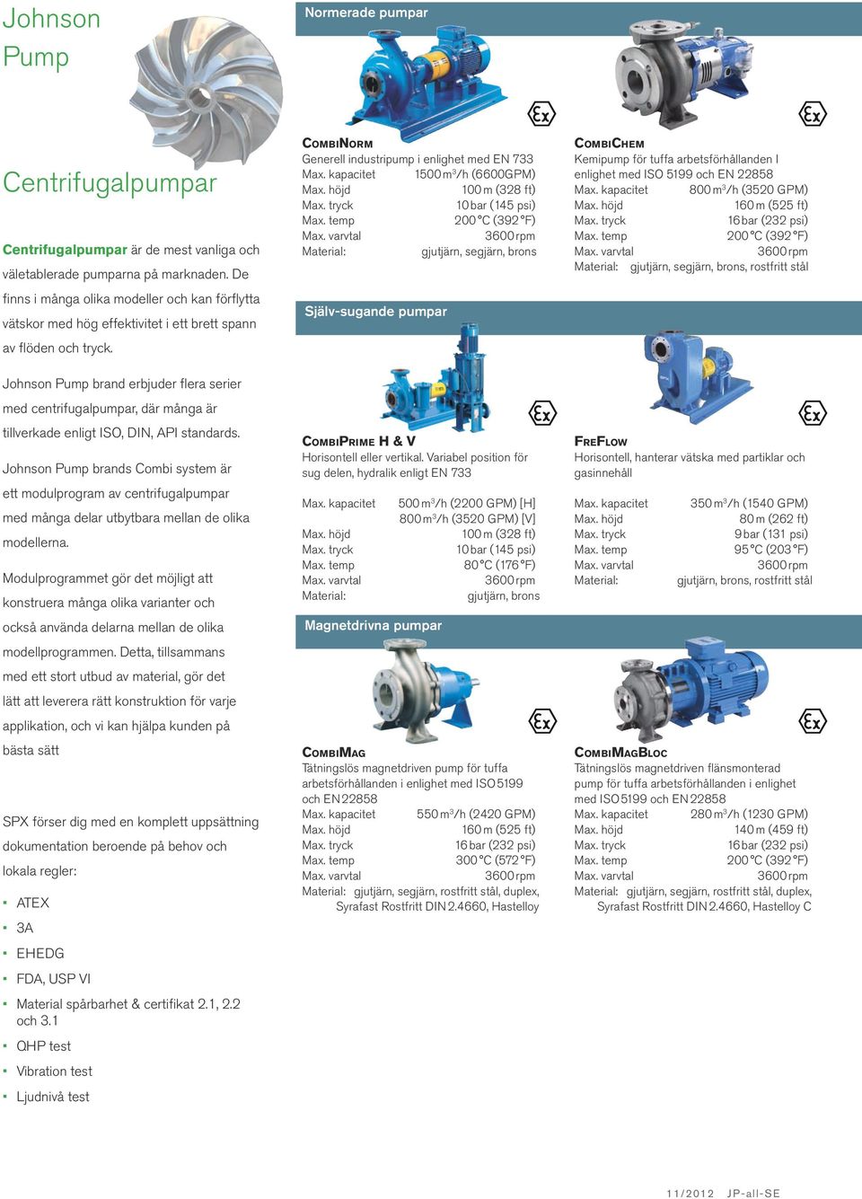 Johnson Pump brand erbjuder flera serier med centrifugalpumpar, där många är tillverkade enligt ISO, DIN, API standards.