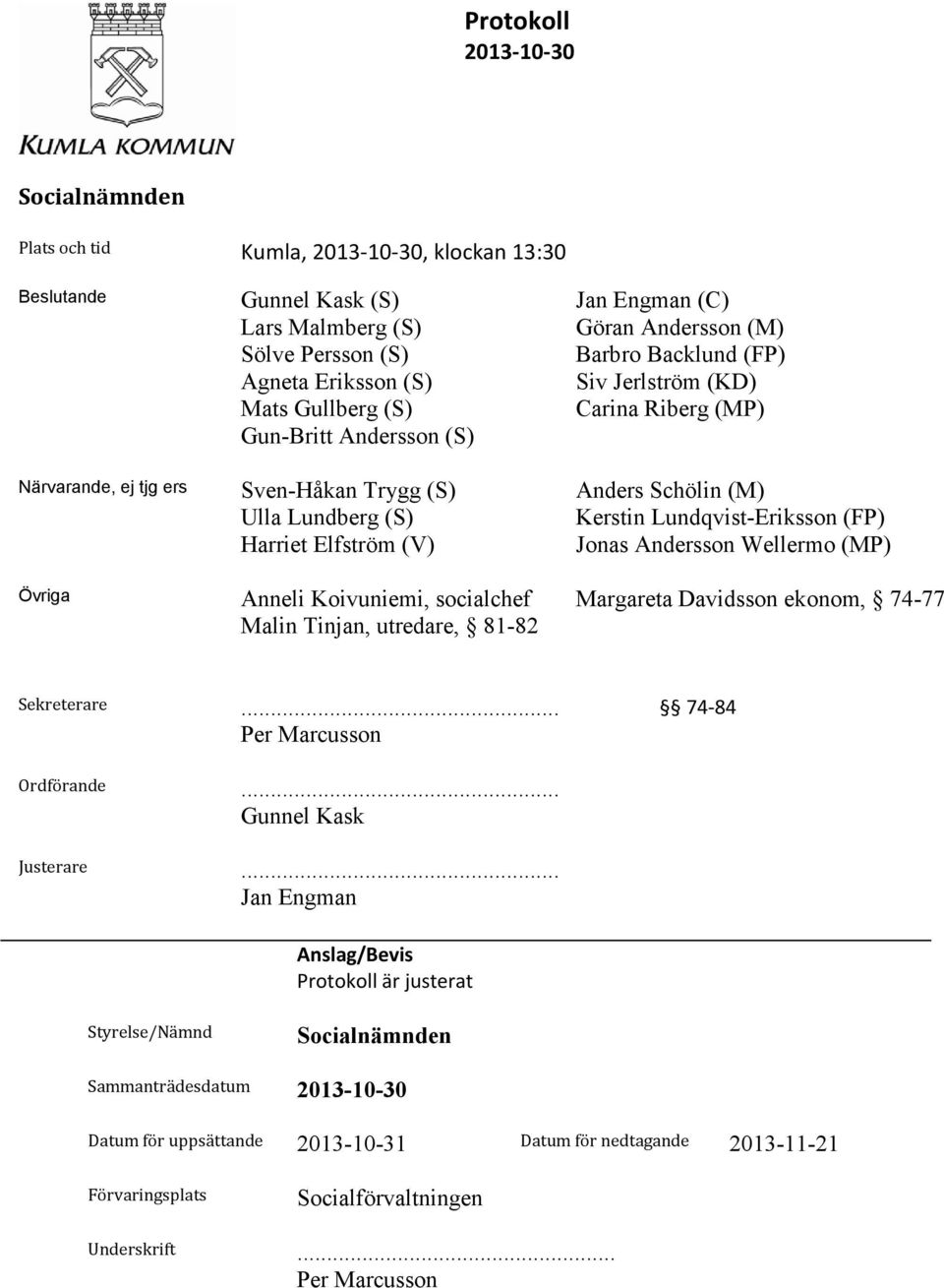 Lundqvist-Eriksson (FP) Harriet Elfström (V) Jonas Andersson Wellermo (MP) Övriga Anneli Koivuniemi, socialchef Margareta Davidsson ekonom, 74-77 Malin Tinjan, utredare, 81-82 Sekreterare.