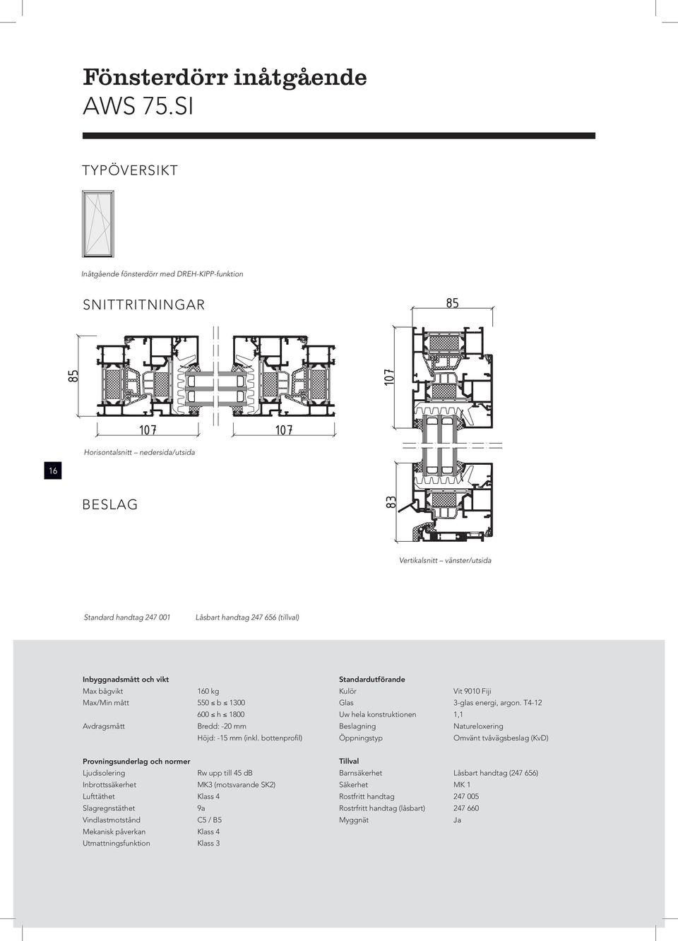 Vertikalsnitt vänster/utsida Standard handtag 247 001 Låsbart handtag 247 656 (tillval) Inbyggnadsmått och vikt Max bågvikt 160 kg Max/Min mått 550 b 1300 600 h 1800 Avdragsmått Bredd: -20 mm Höjd: