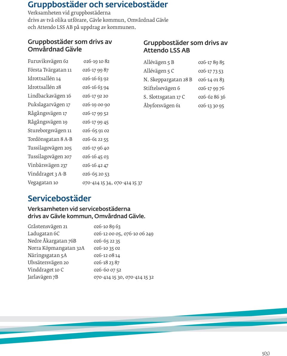 Pukslagarvägen 17 026-19 00 90 Rågångsvägen 17 026-17 99 52 Gruppbostäder som drivs av Attendo LSS AB Allévägen 5 B 026-17 89 85 Allévägen 5 C 026-17 73 53 N.