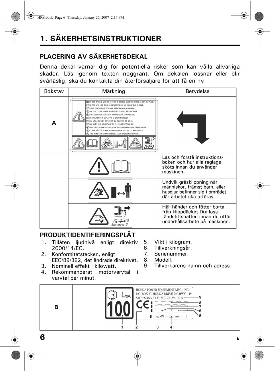 Bokstav Märkning Betydelse A Läs och förstå instruktionsboken och hur alla reglage sköts innan du använder maskinen.
