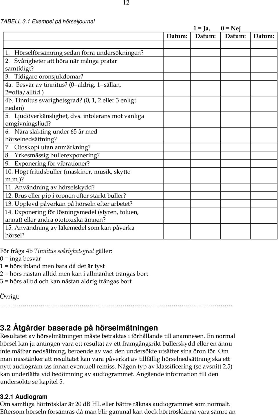 Nära släkting under 65 år med hörselnedsättning? 7. Otoskopi utan anmärkning? 8. Yrkesmässig bullerexponering? 9. Exponering för vibrationer? 10. Högt fritidsbuller (maskiner, musik, skytte m.m.)? 11.