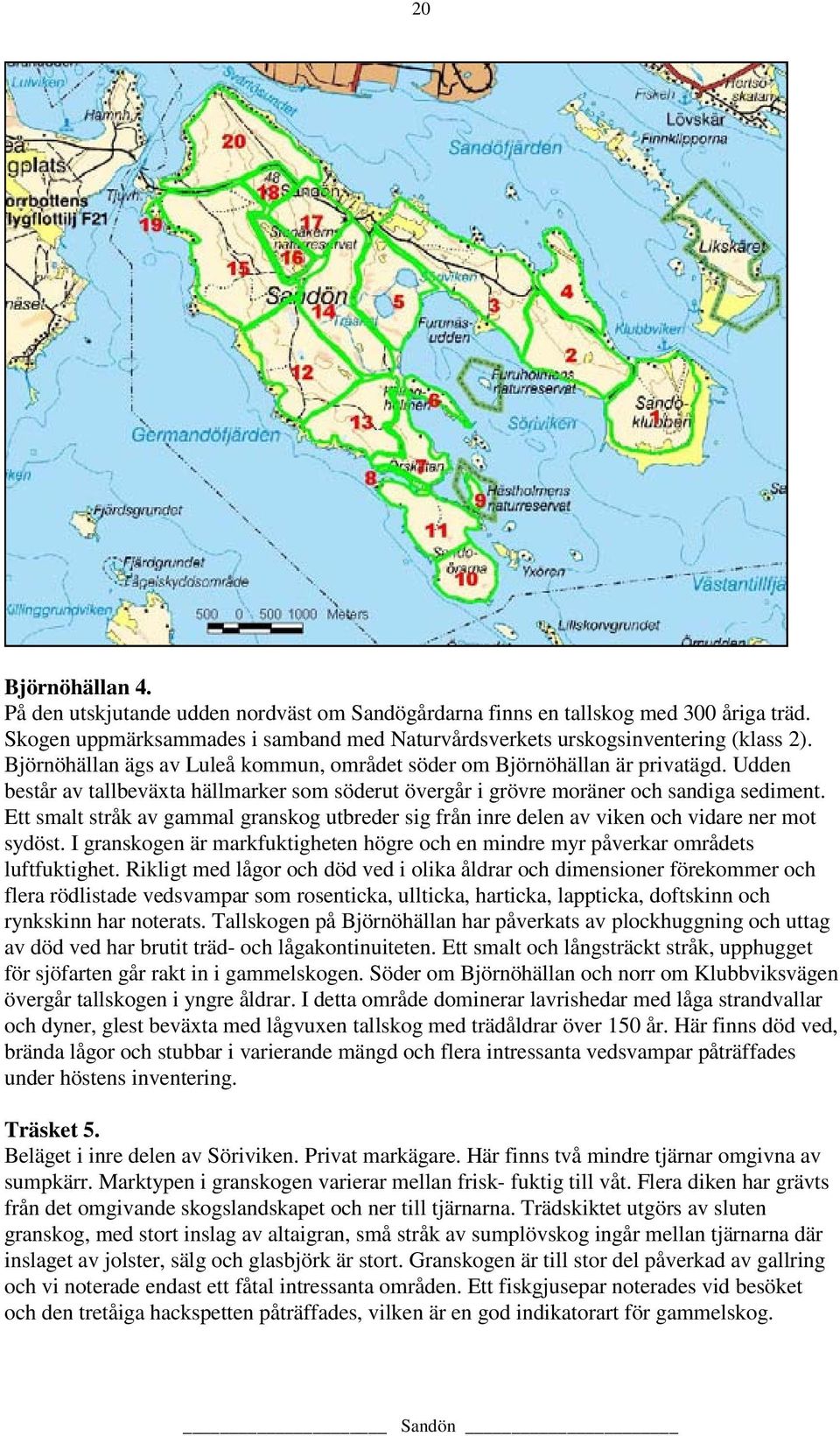 Ett smalt stråk av gammal granskog utbreder sig från inre delen av viken och vidare ner mot sydöst. I granskogen är markfuktigheten högre och en mindre myr påverkar områdets luftfuktighet.