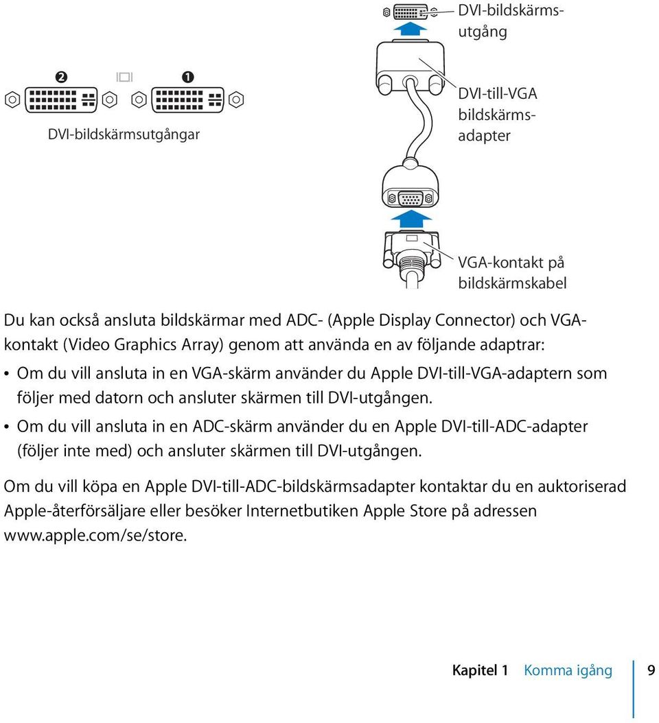 ansluter skärmen till DVI-utgången. Â Om du vill ansluta in en ADC-skärm använder du en Apple DVI-till-ADC-adapter (följer inte med) och ansluter skärmen till DVI-utgången.