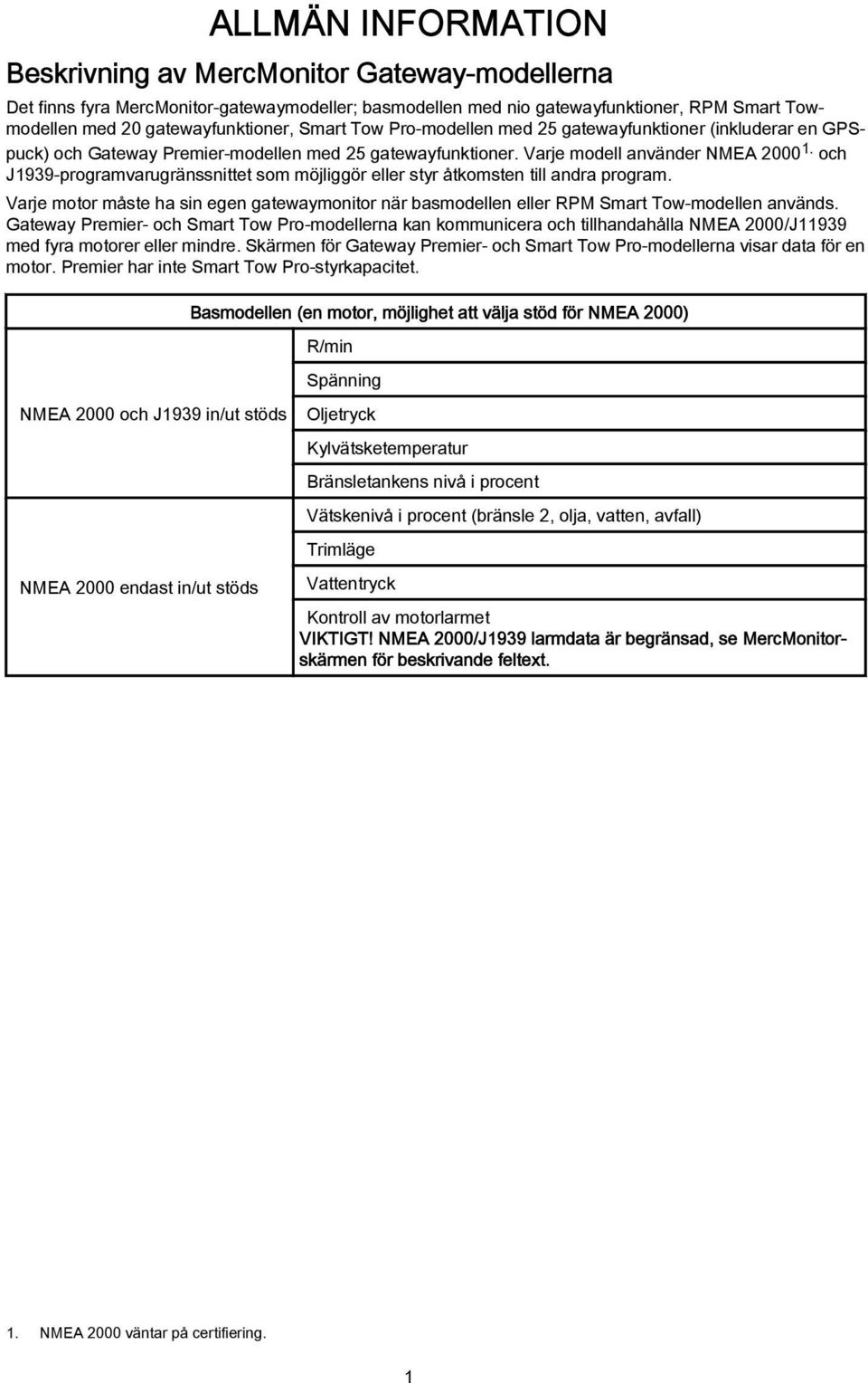 och J1939-programvarugränssnittet som möjliggör eller styr åtkomsten till andra program. Varje motor måste ha sin egen gatewaymonitor när basmodellen eller RPM Smart Tow-modellen används.