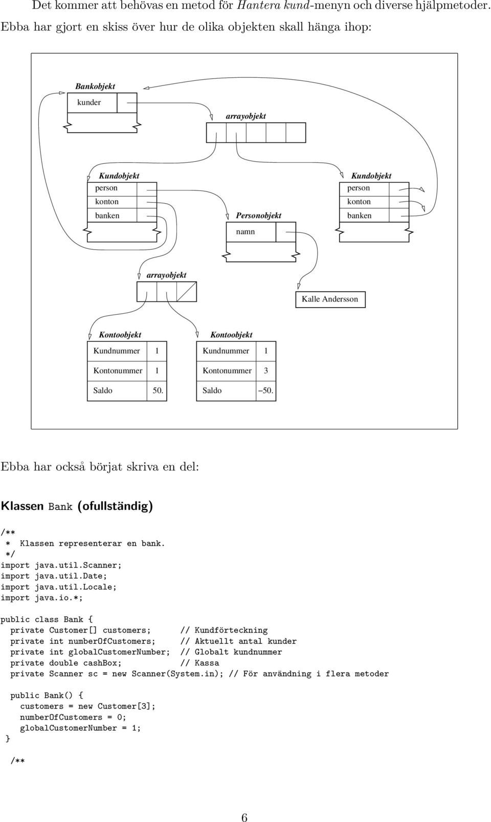 Andersson Kontoobjekt Kontoobjekt Kundnummer 1 Kundnummer 1 Kontonummer 1 Kontonummer 3 Saldo 50. Saldo 50. Ebba har också börjat skriva en del: Klassen Bank (ofullständig) * Klassen representerar en bank.