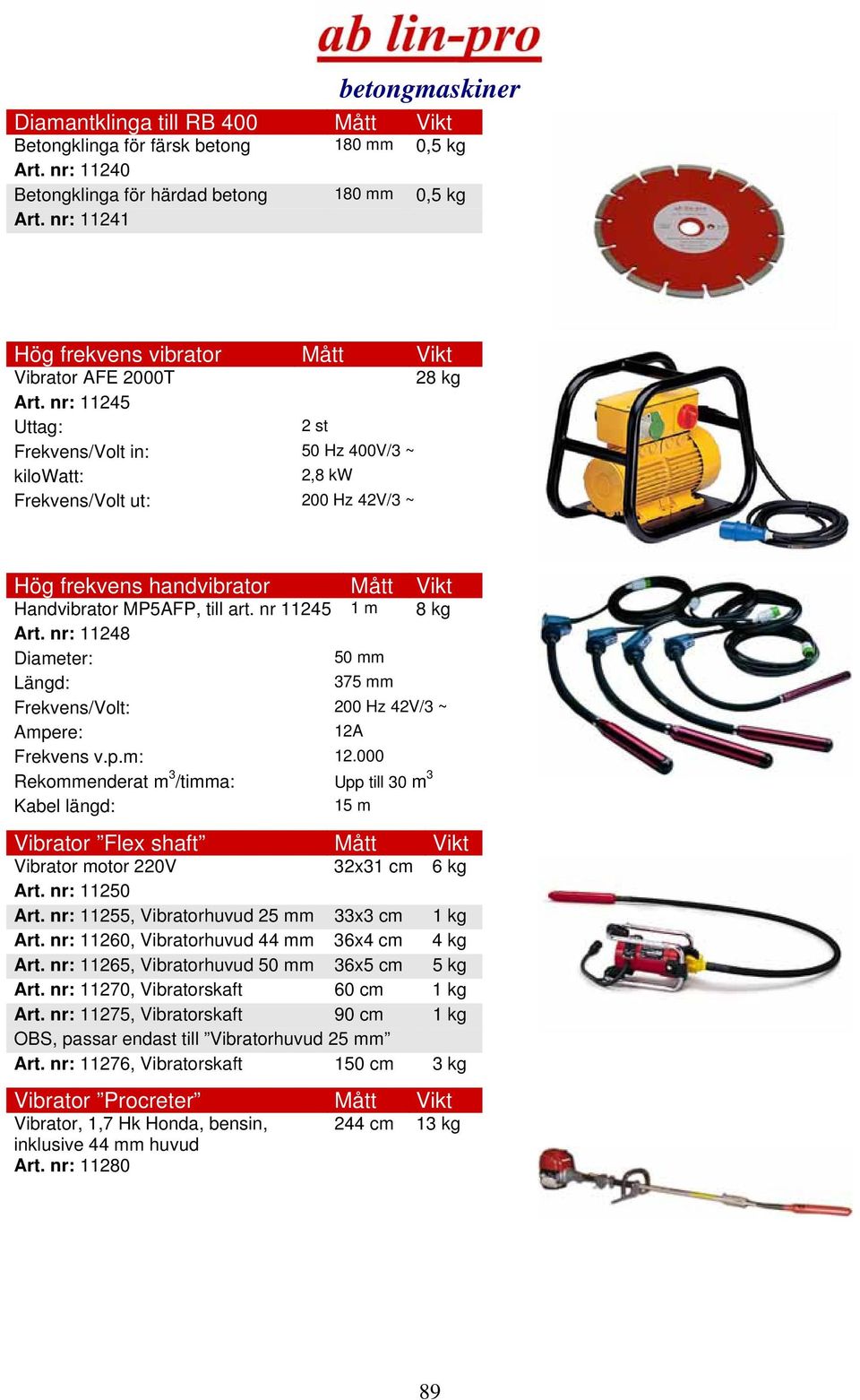 nr: 11245 Uttag: 2 st Frekvens/Volt in: 50 Hz 400V/3 ~ kilowatt: 2,8 kw Frekvens/Volt ut: 200 Hz 42V/3 ~ Hög frekvens handvibrator Mått Vikt Handvibrator MP5AFP, till art. nr 11245 1 m 8 kg Art.