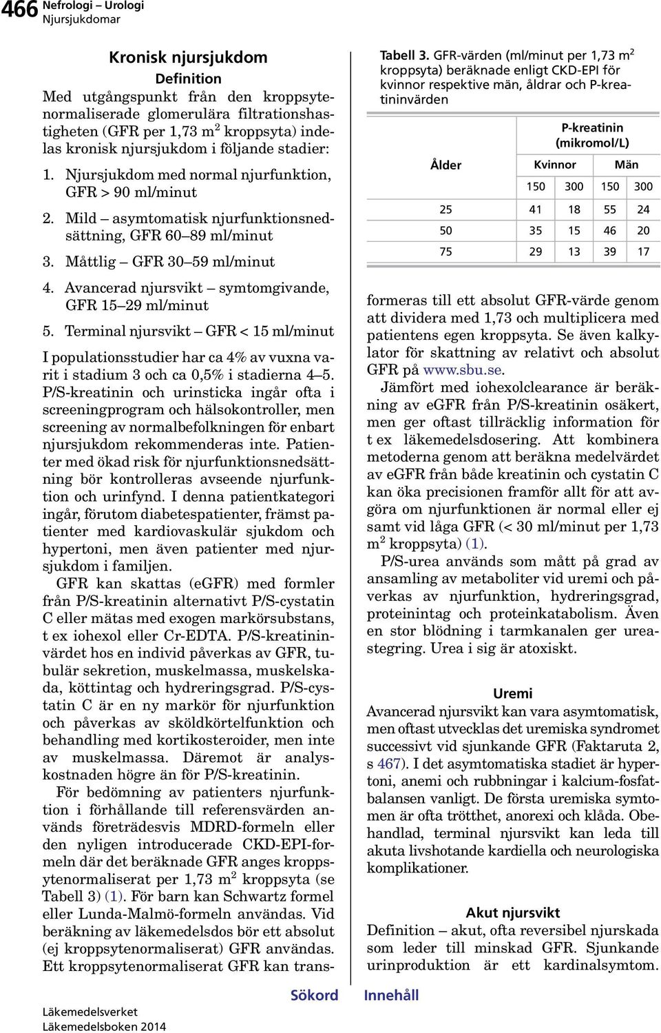 24 50 35 15 46 20 75 29 13 39 17 Kronisk njursjukdom Definition Med utgångspunkt från den kroppsytenormaliserade glomerulära filtrationshastigheten (GFR per 1,73 m 2 kroppsyta) indelas kronisk