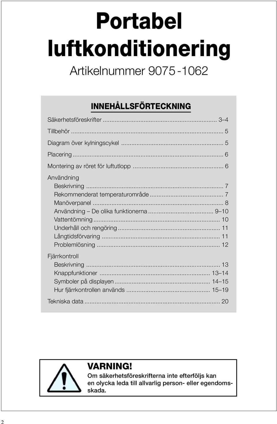 .. 9 10 Vattentömning... 10 Underhåll och rengöring... 11 Långtidsförvaring... 11 Problemlösning... 12 Fjärrkontroll Beskrivning... 13 Knappfunktioner.