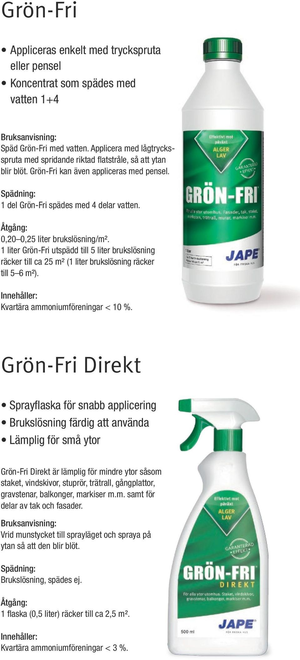 0,20 0,25 liter brukslösning/m². 1 liter Grön-Fri utspädd till 5 liter brukslösning räcker till ca 25 m² (1 liter brukslösning räcker till 5 6 m²). Innehåller: Kvartära ammoniumföreningar < 10 %.