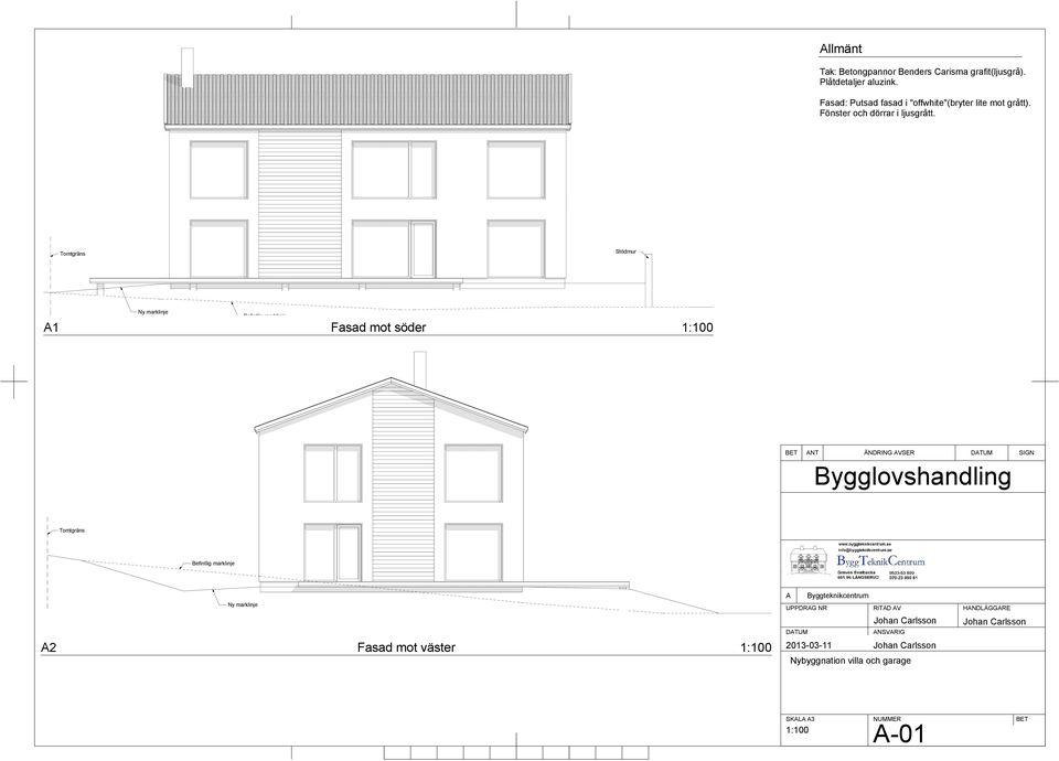 Tomtgräns Stödmur Ny marklinje Befintlig marklinje A1 Fasad mot söder 1:100 BET ANT