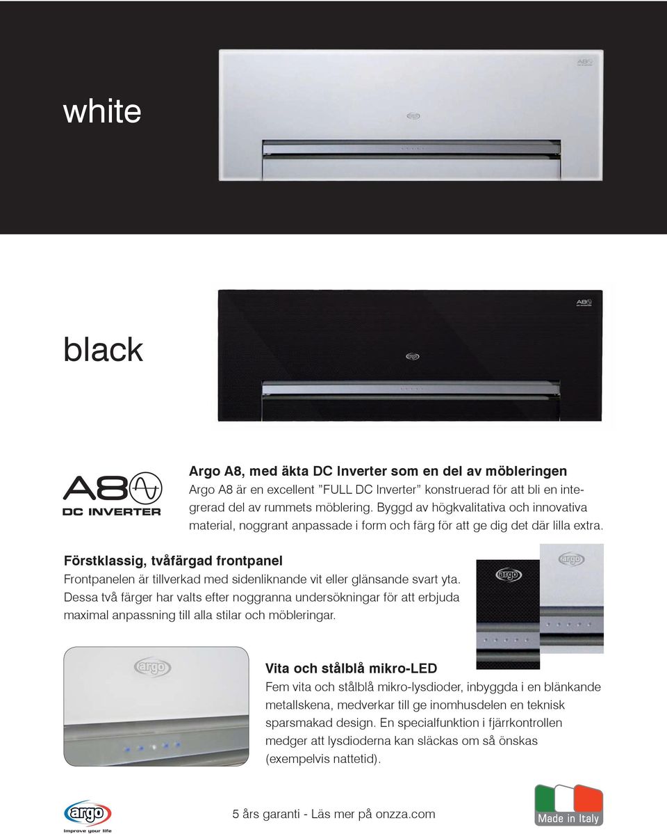 Förstklassig, tvåfärgad frontpanel Frontpanelen är tillverkad med sidenliknande vit eller glänsande svart yta.