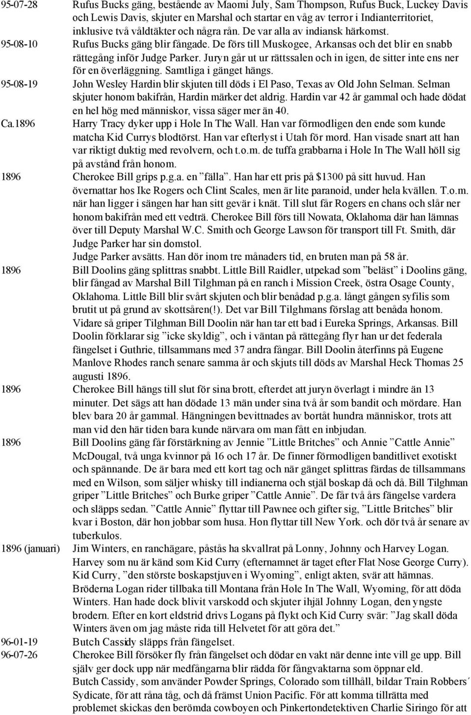 Juryn går ut ur rättssalen och in igen, de sitter inte ens ner för en överläggning. Samtliga i gänget hängs. 95-08-19 John Wesley Hardin blir skjuten till döds i El Paso, Texas av Old John Selman.