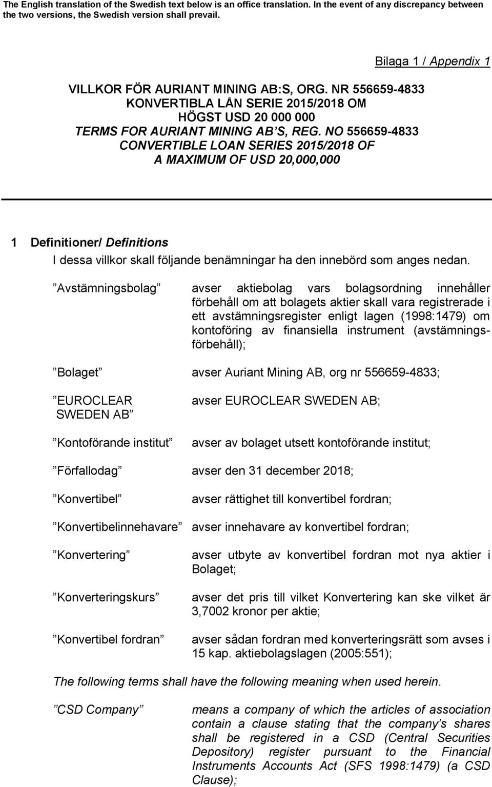 NO 556659-4833 CONVERTIBLE LOAN SERIES 2015/2018 OF A MAXIMUM OF USD 20,000,000 Bilaga 1 / Appendix 1 1 Definitioner/ Definitions I dessa villkor skall följande benämningar ha den innebörd som anges