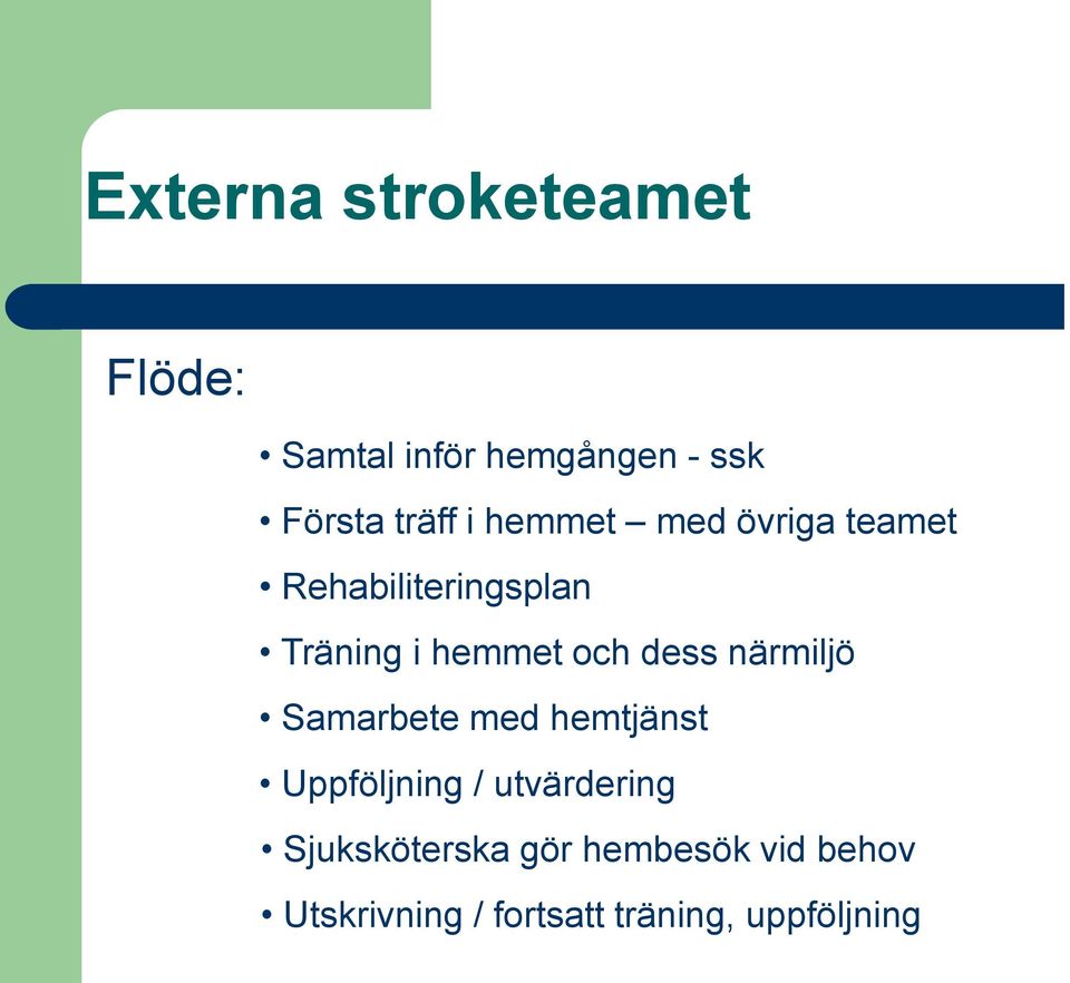 dess närmiljö Samarbete med hemtjänst Uppföljning / utvärdering