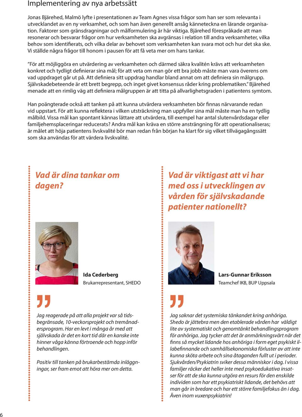 Bjärehed förespråkade att man resonerar och besvarar frågor om hur verksamheten ska avgränsas i relation till andra verksamheter, vilka behov som identifierats, och vilka delar av behovet som