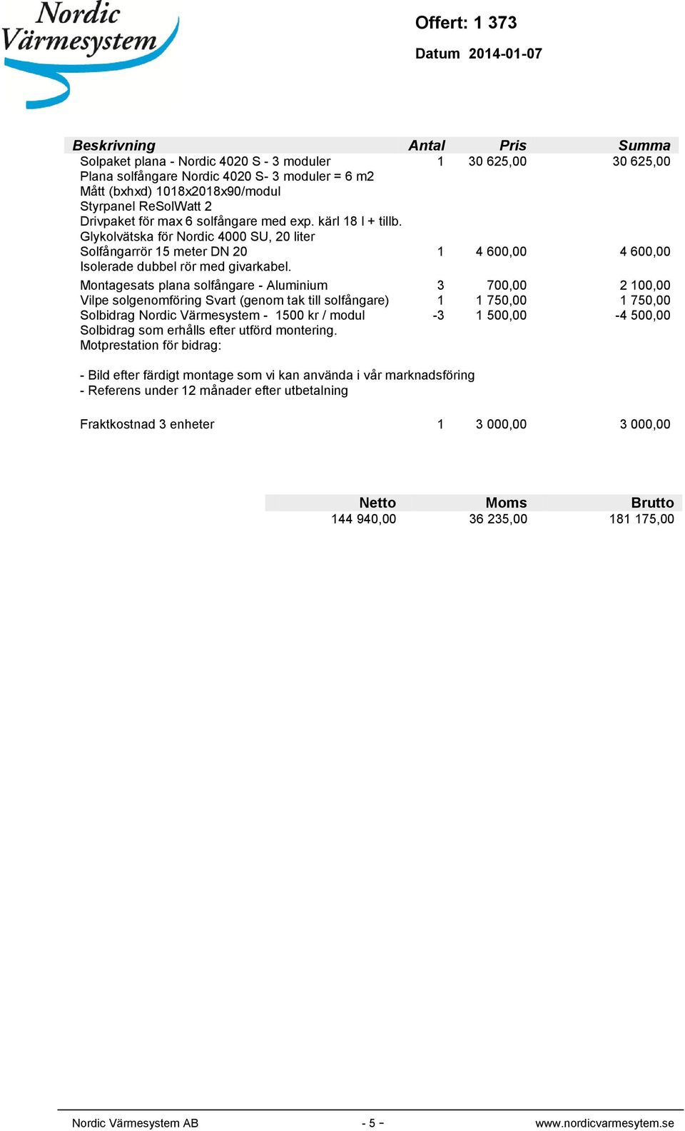 Montagesats plana solfångare - Aluminium 3 700,00 2 100,00 Vilpe solgenomföring Svart (genom tak till solfångare) 1 1 750,00 1 750,00 Solbidrag Nordic Värmesystem - 1500 kr / modul Solbidrag som