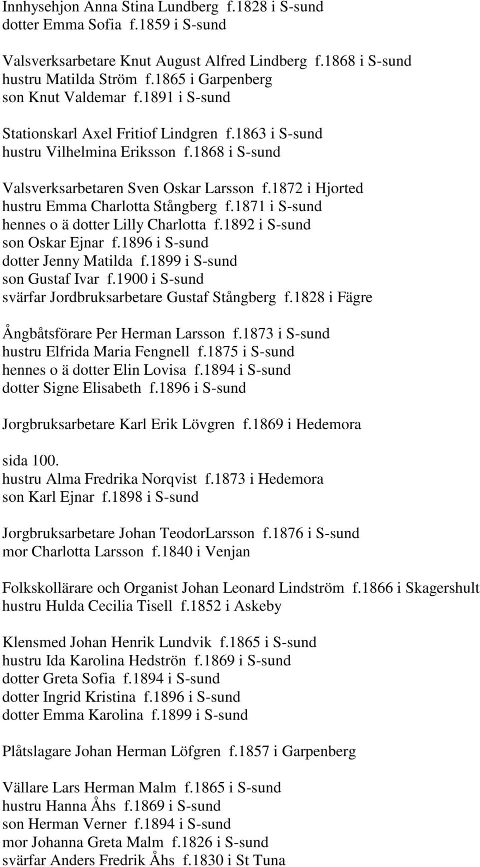 1872 i Hjorted hustru Emma Charlotta Stångberg f.1871 i S-sund hennes o ä dotter Lilly Charlotta f.1892 i S-sund son Oskar Ejnar f.1896 i S-sund dotter Jenny Matilda f.1899 i S-sund son Gustaf Ivar f.