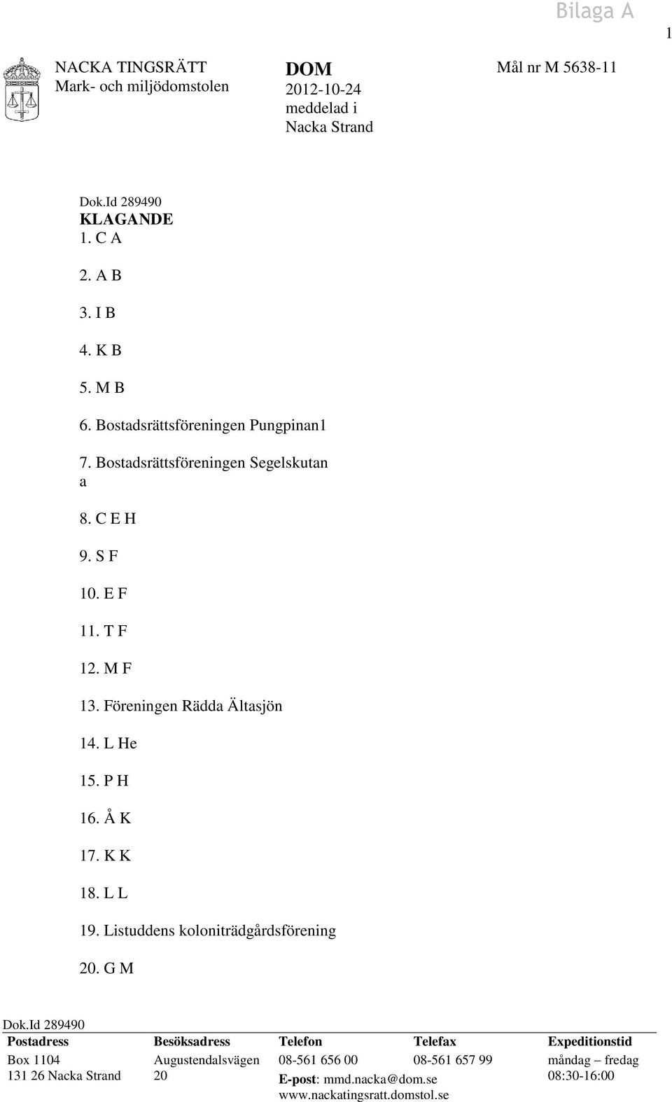 L He 15. P H 16. Å K 17. K K 18. L L 19. Listuddens koloniträdgårdsförening 20. G M Dok.