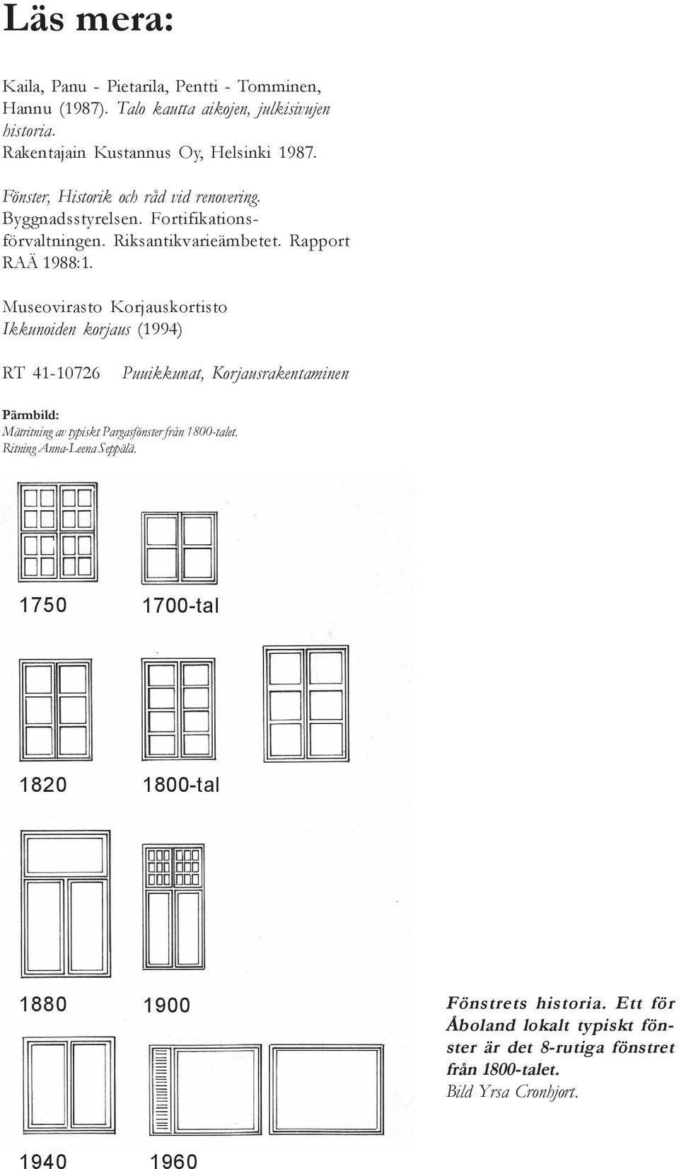 Museovirasto Korjauskortisto Ikkunoiden korjaus (1994) RT 41-10726 Puuikkunat, Korjausrakentaminen Pärmbild: Mätritning av typiskt Pargasfönster från 1800-talet.