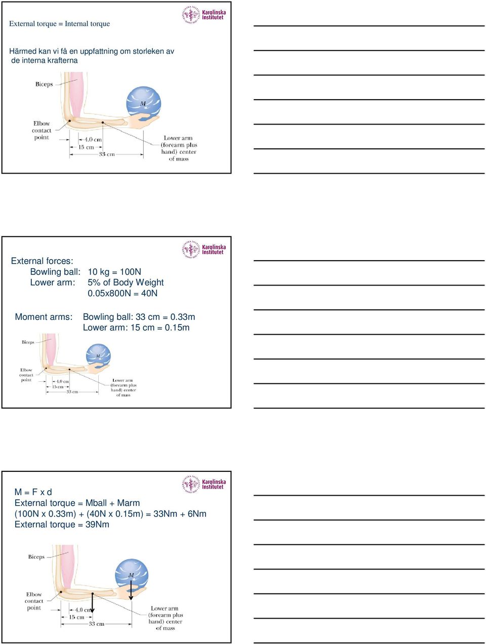 0.05x800N = 40N Moment arms: Bowling ball: 33 cm = 0.33m Lower arm: 15 cm = 0.