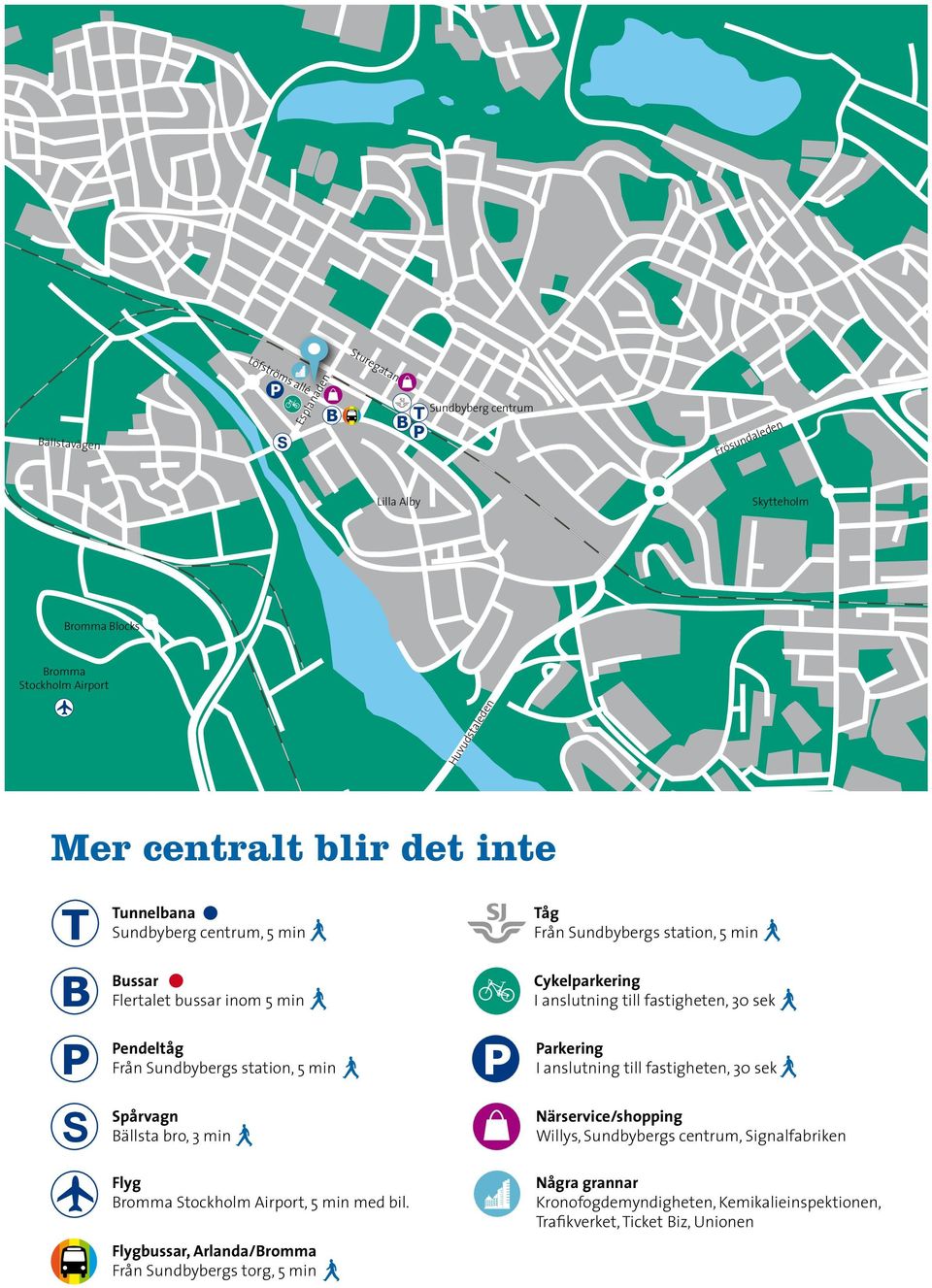 Bällsta bro, 3 min P Cykelparkering I anslutning till fastigheten, 30 sek Parkering I anslutning till fastigheten, 30 sek Närservice/shopping Willys, Sundbybergs centrum, Signalfabriken B