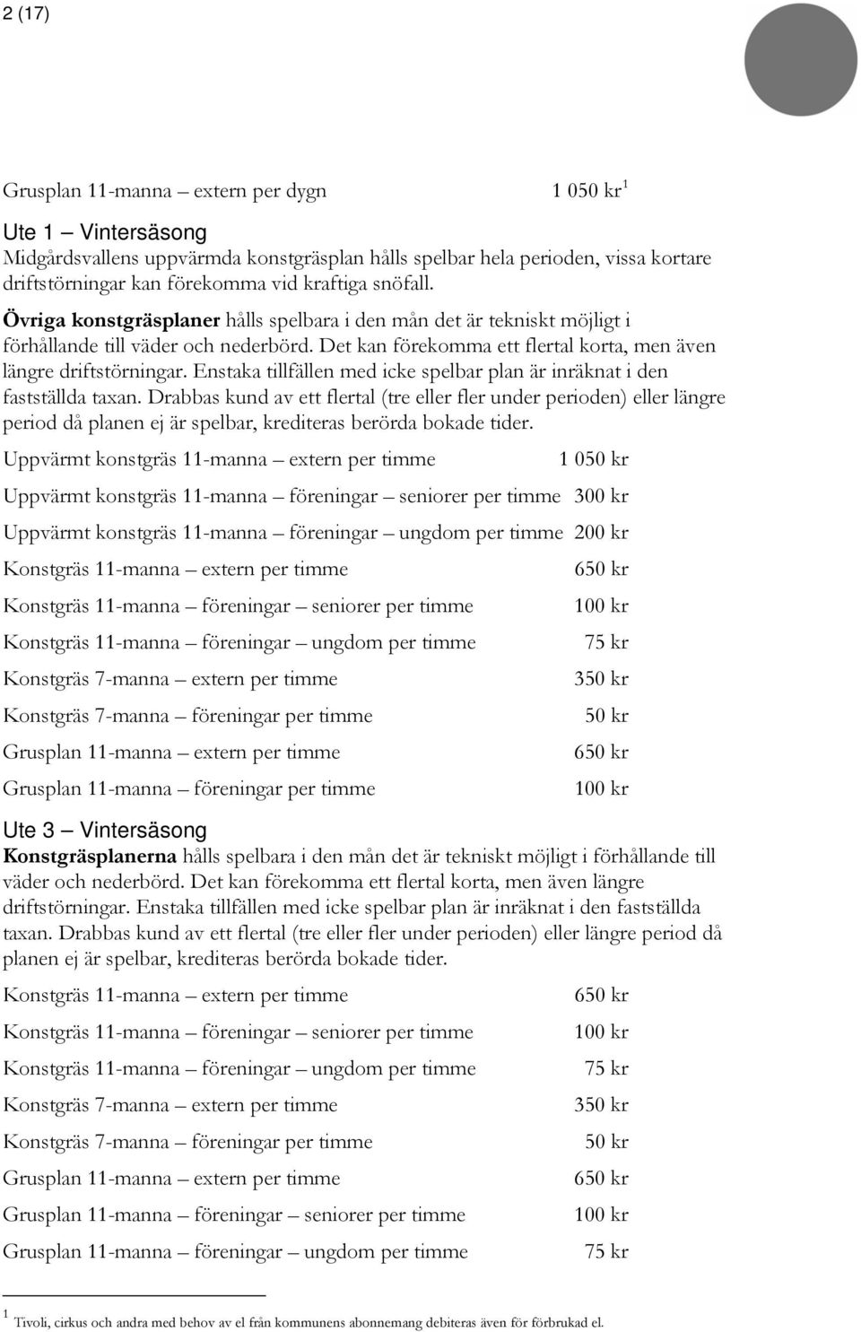 Enstaka tillfällen med icke spelbar plan är inräknat i den fastställda taxan.