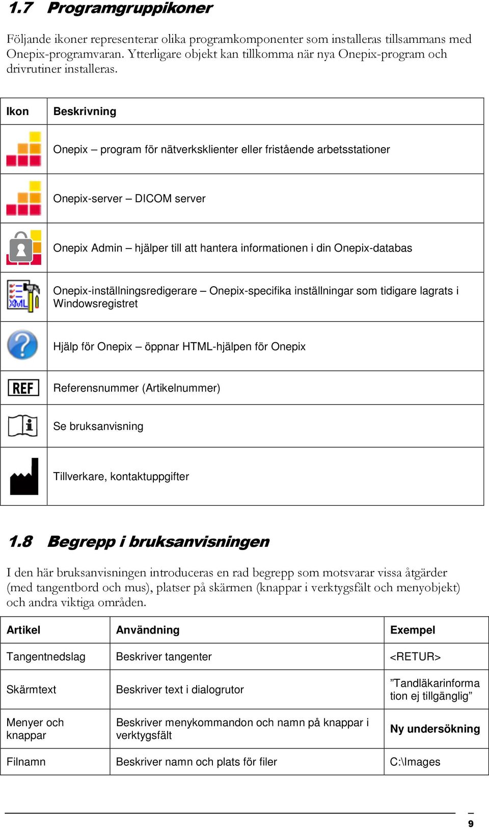 Ikon Beskrivning Onepix program för nätverksklienter eller fristående arbetsstationer Onepix-server DICOM server Onepix Admin hjälper till att hantera informationen i din Onepix-databas