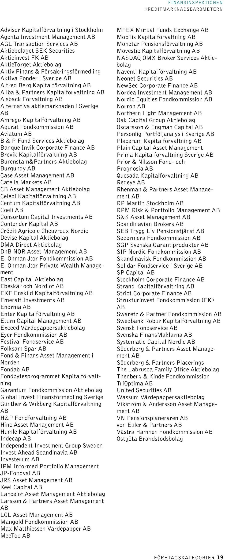 Kapitalförvaltning AB Aqurat Fondkommission AB Aviatum AB B & P Fund Services Aktiebolag Banque Invik Corporate Finance AB Brevik Kapitalförvaltning AB Burenstam&Partners Aktiebolag Burgundy AB Case