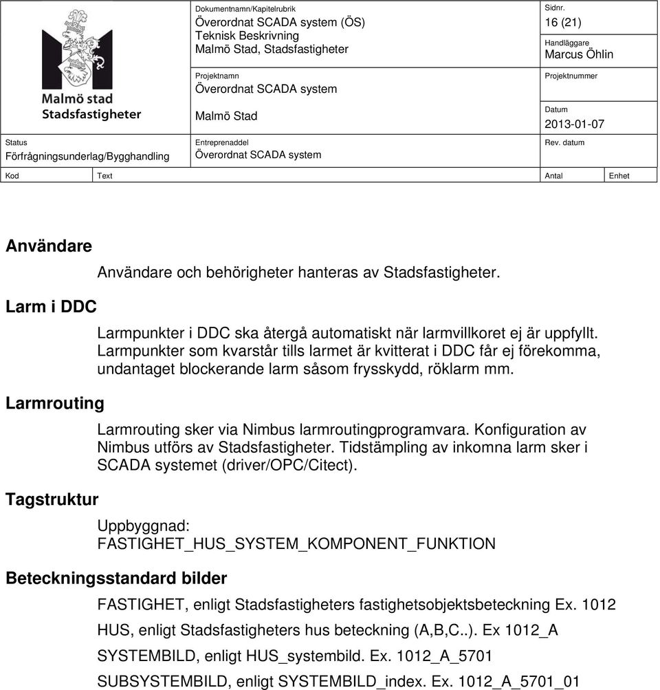 Larmpunkter som kvarstår tills larmet är kvitterat i DDC får ej förekomma, undantaget blockerande larm såsom frysskydd, röklarm mm. Larmrouting sker via Nimbus larmroutingprogramvara.
