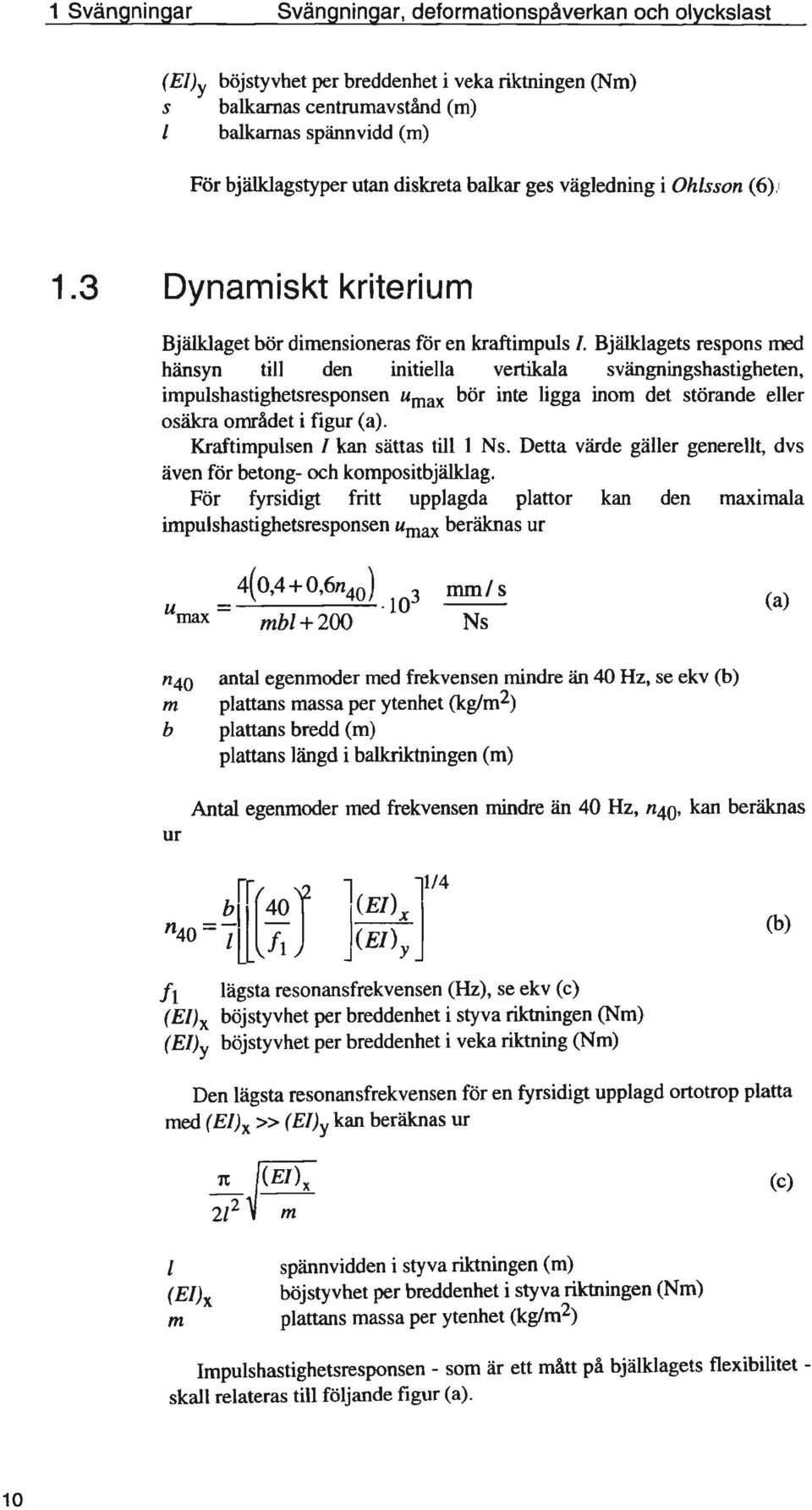 Bjälklagets respons med hänsyn till den initiella vertikala svängningshastigheten, impulshastighetsresponsen umax bör inte ligga inom det störande eller osäkra området i figur (a).