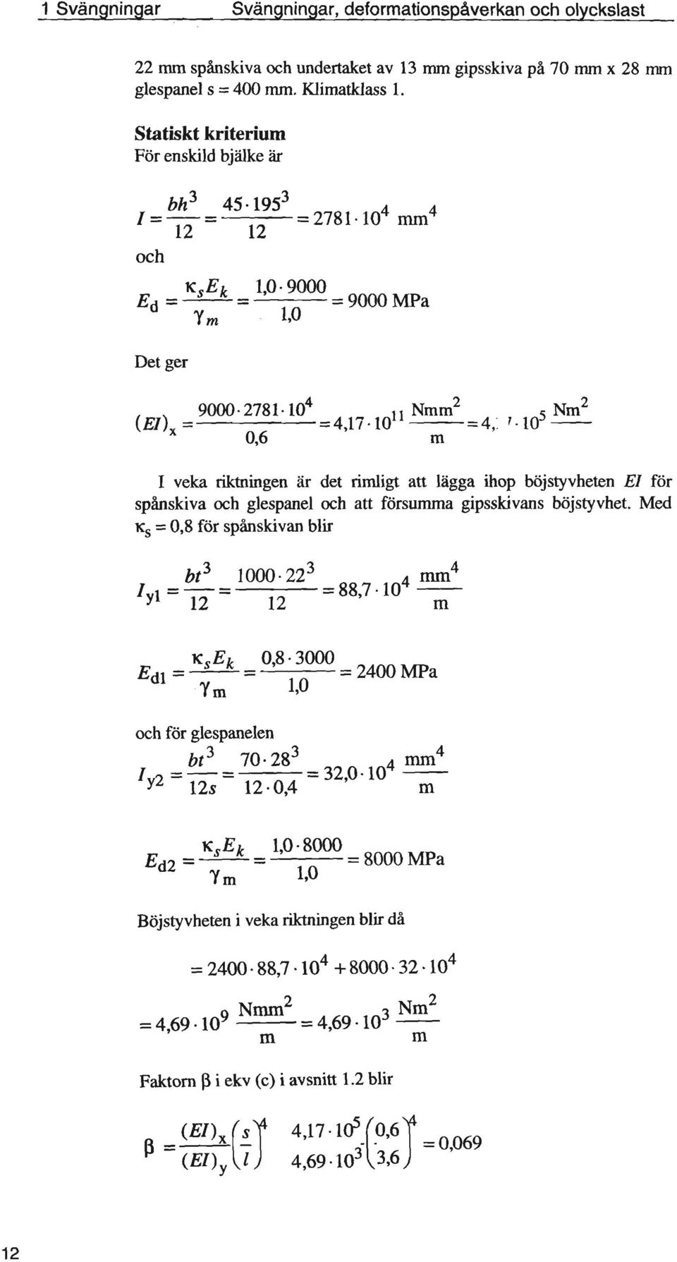 gipsskivans böj styvhet. Med Ks = 0,8 för spånskivan blir bt3 lyl = 12 1000.223 =88,7.104 ~ 12 ffi Ed! = ~ 1m = 0,8.