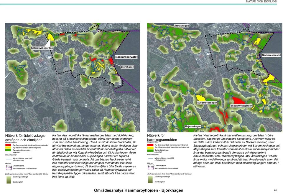 Spridning lätt Kartan visar teoretiska länkar mellan områden med ädellövskog, baserat på Stockholms biotopkarta, såväl mer öppna ekmiljöer, som mer sluten ädellövskog.