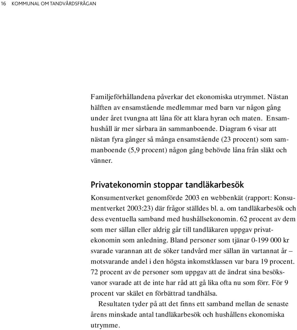 Diagram 6 visar att nästan fyra gånger så många ensamstående (23 procent) som sammanboende (5,9 procent) någon gång behövde låna från släkt och vänner.